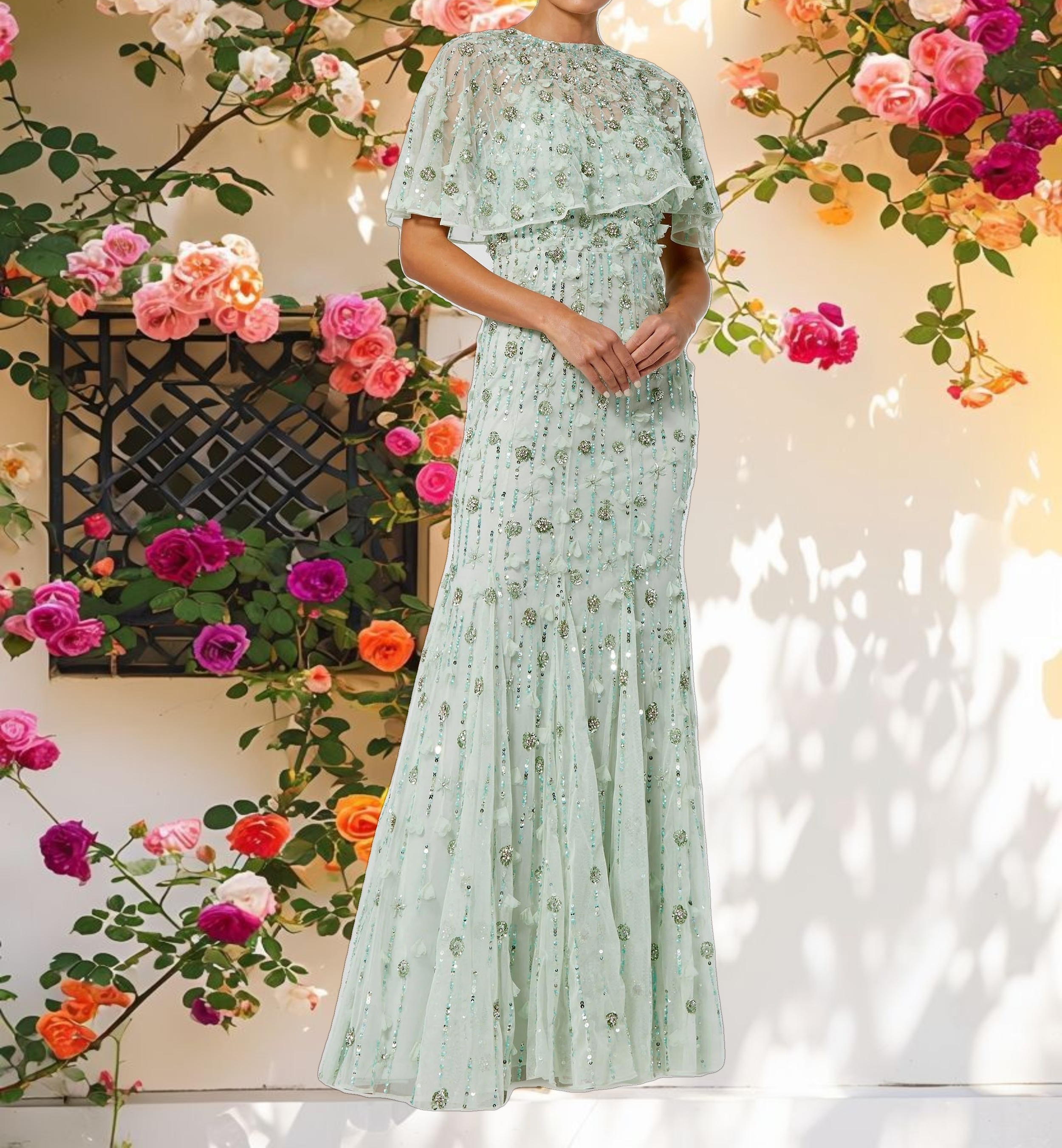 Studded Fabric Gown with Cape Sleeves