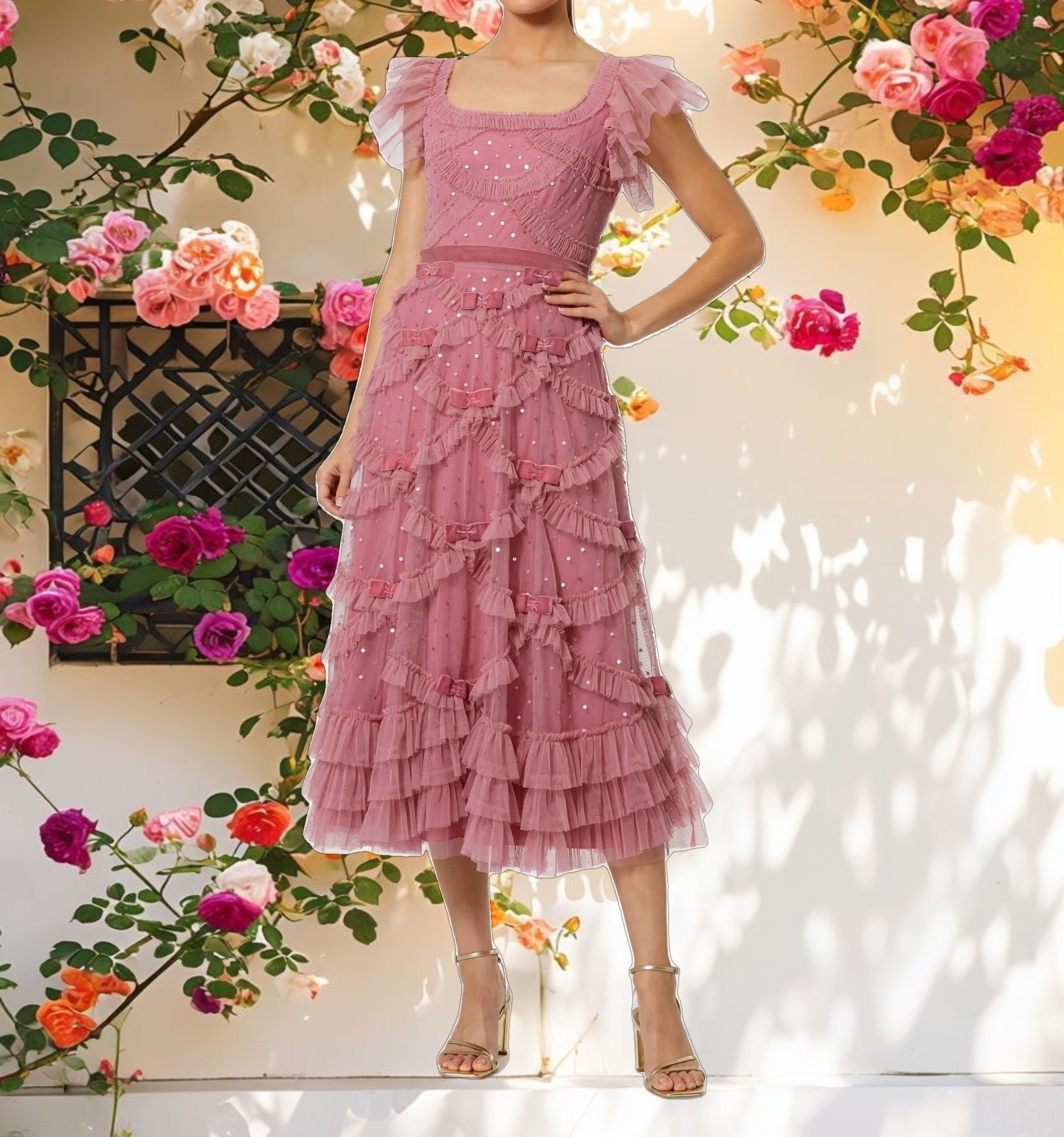 Pink Dot Net Sequin Ruffle Midi Dress