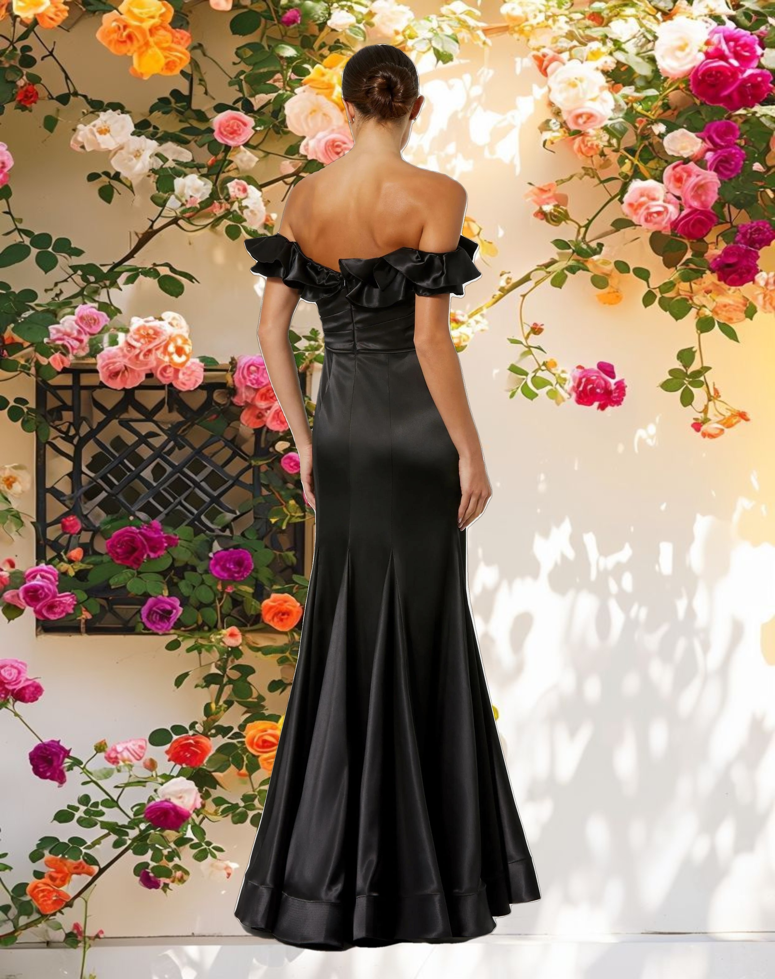 Black Satin Ruffle Off the Shoulder Mermaid Gown