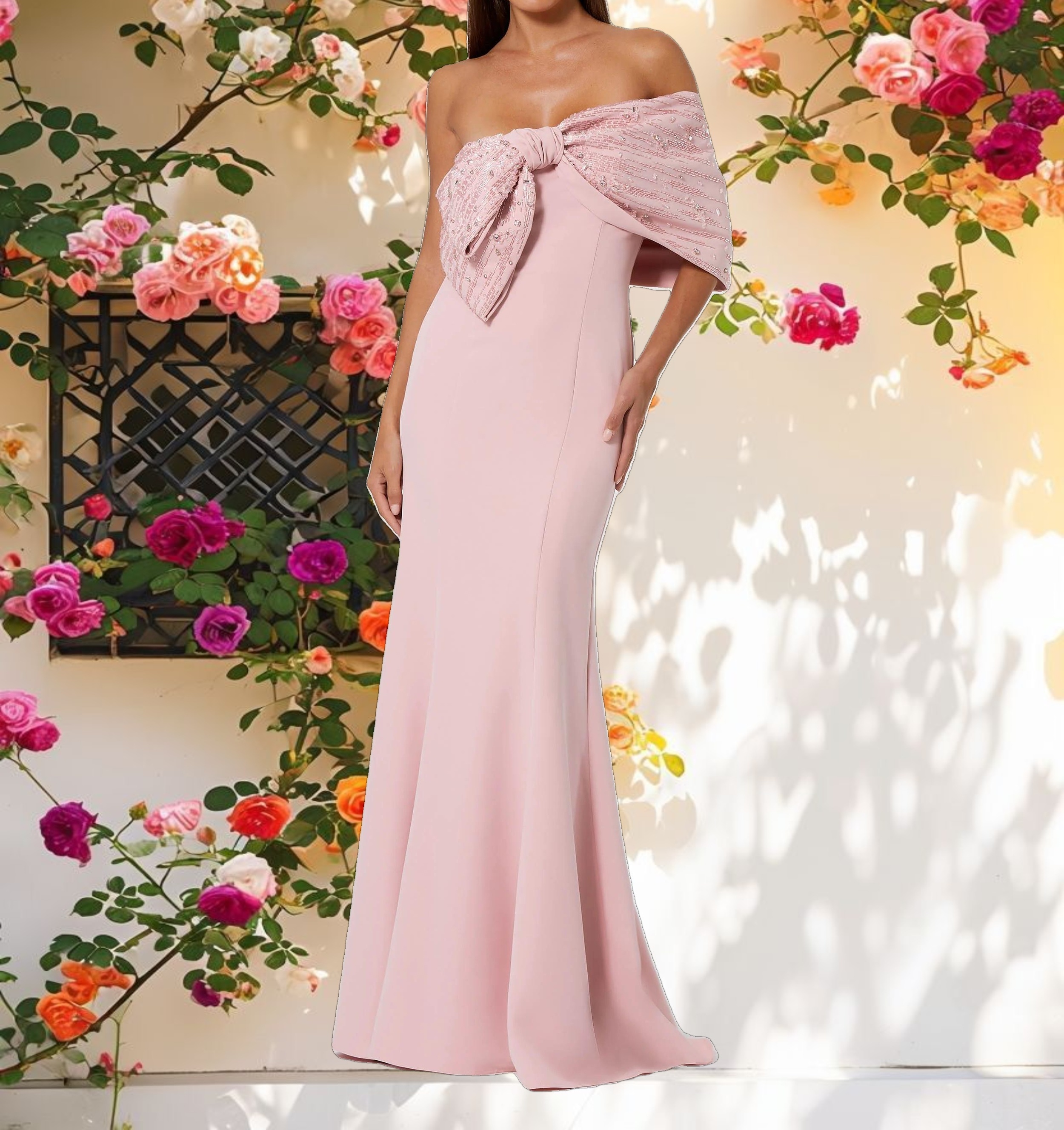 Pink Beaded Off The Shoulder Bow Satin Mermaid Gown