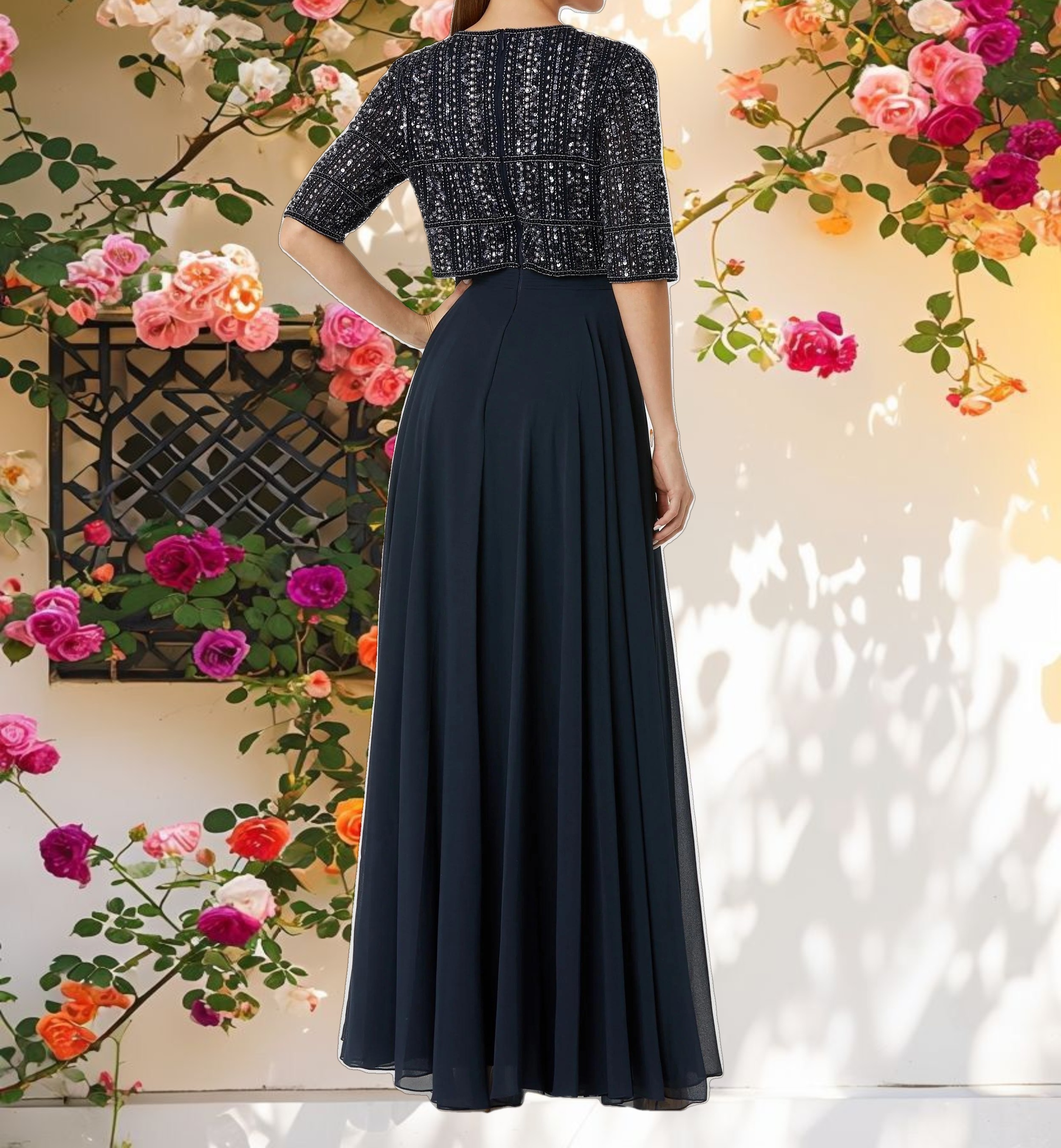 Navy Chiffon Gown w/ Fully Beaded 3/4 Sleeve Top