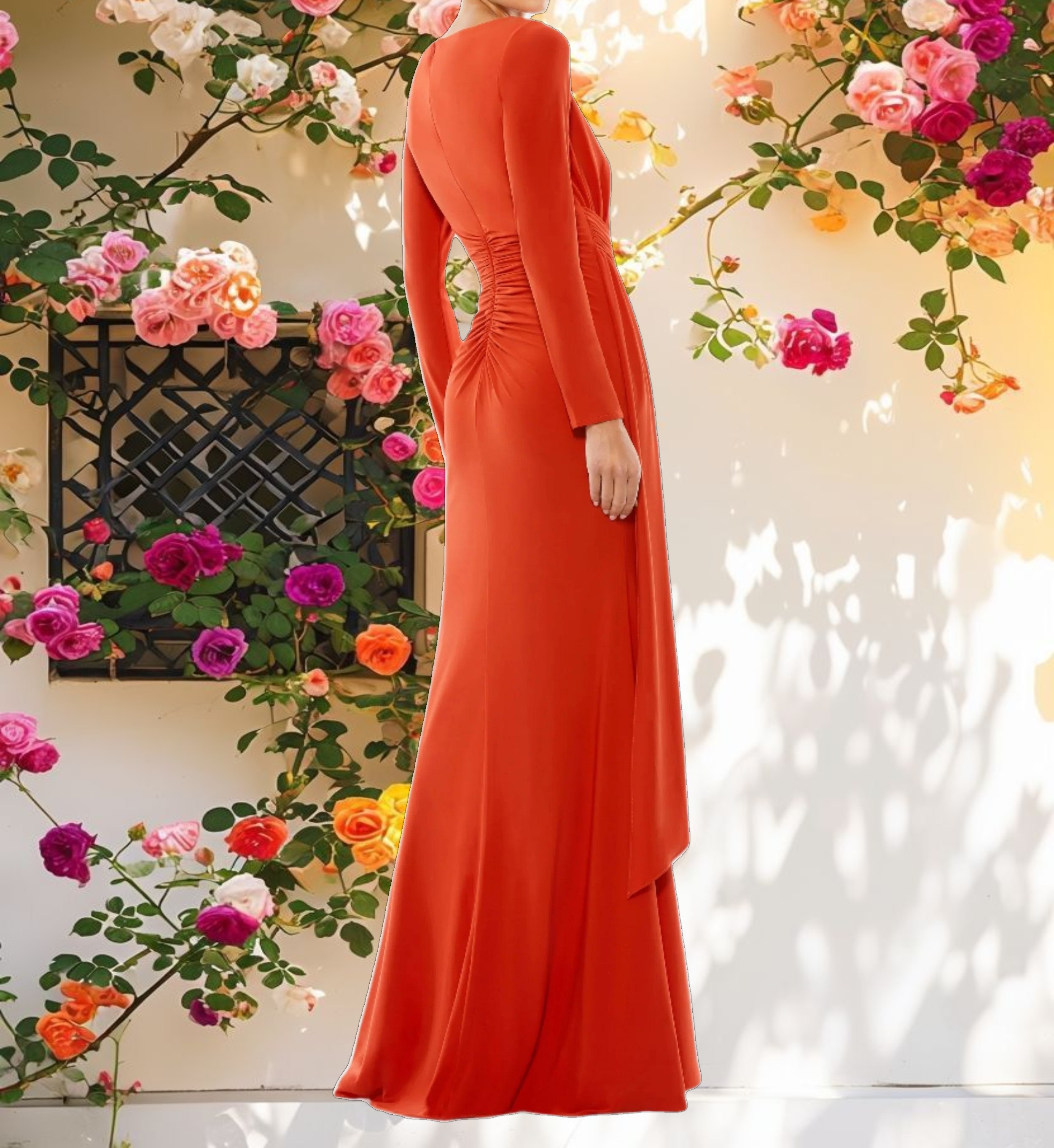 Orange Ruched Long Sleeve Cowl Neck Gown