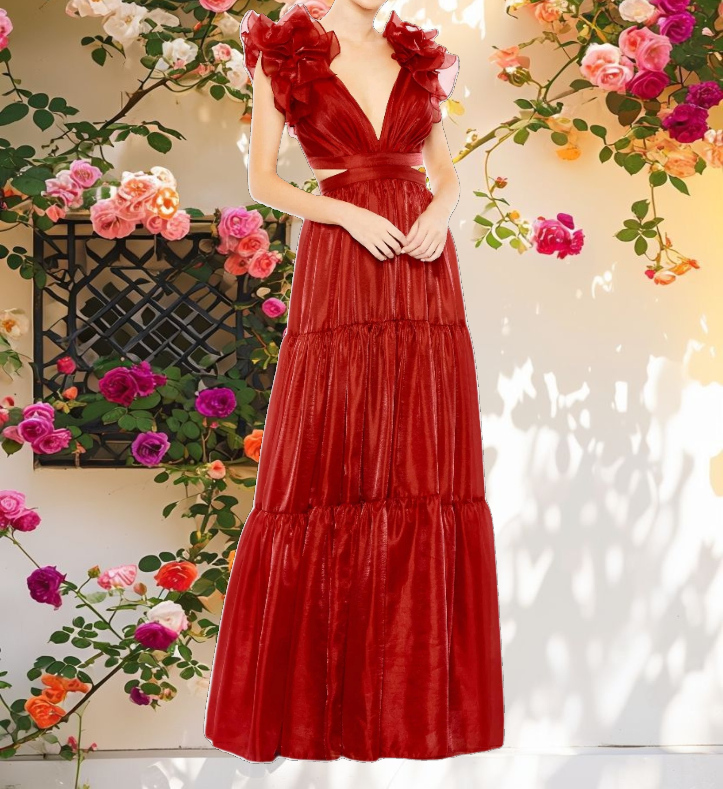 Ruffled Shoulder Cut Out Soft Tie Back Tiered Gown