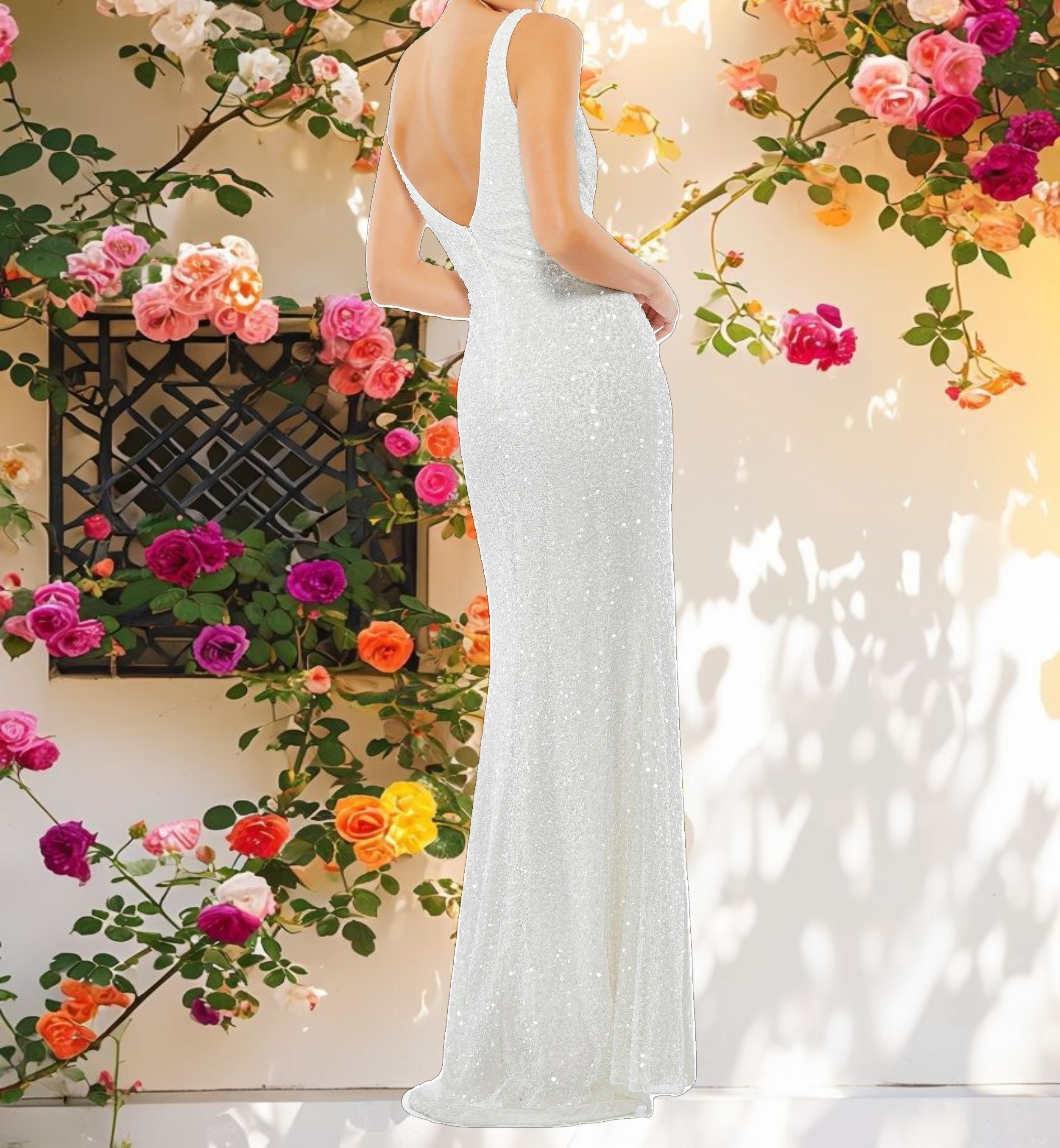 White Sequined Sleeveless V Neck Side Slit Gown