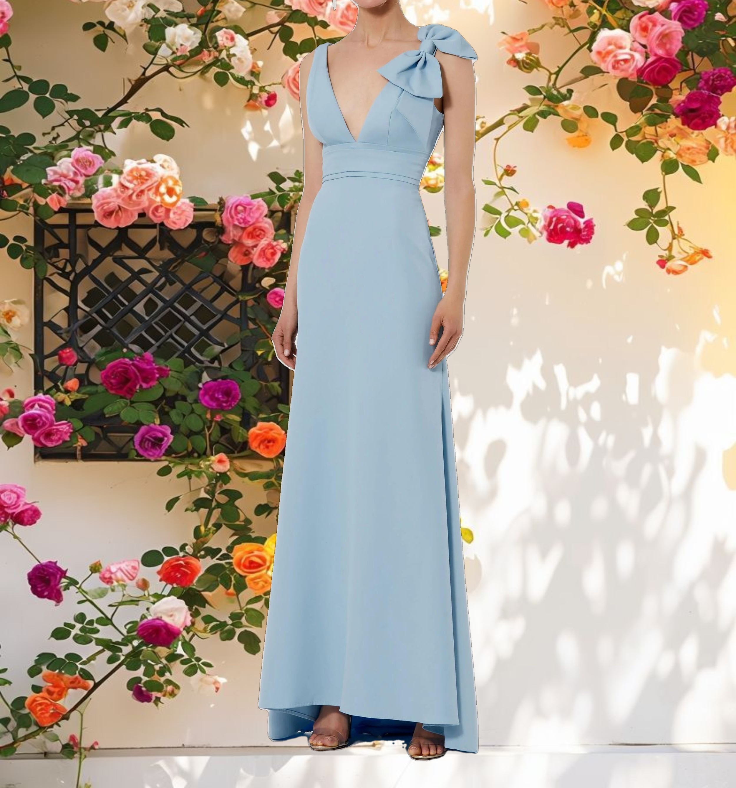 Blue Sleeveless V Neck Bow Detail Mermaid Gown