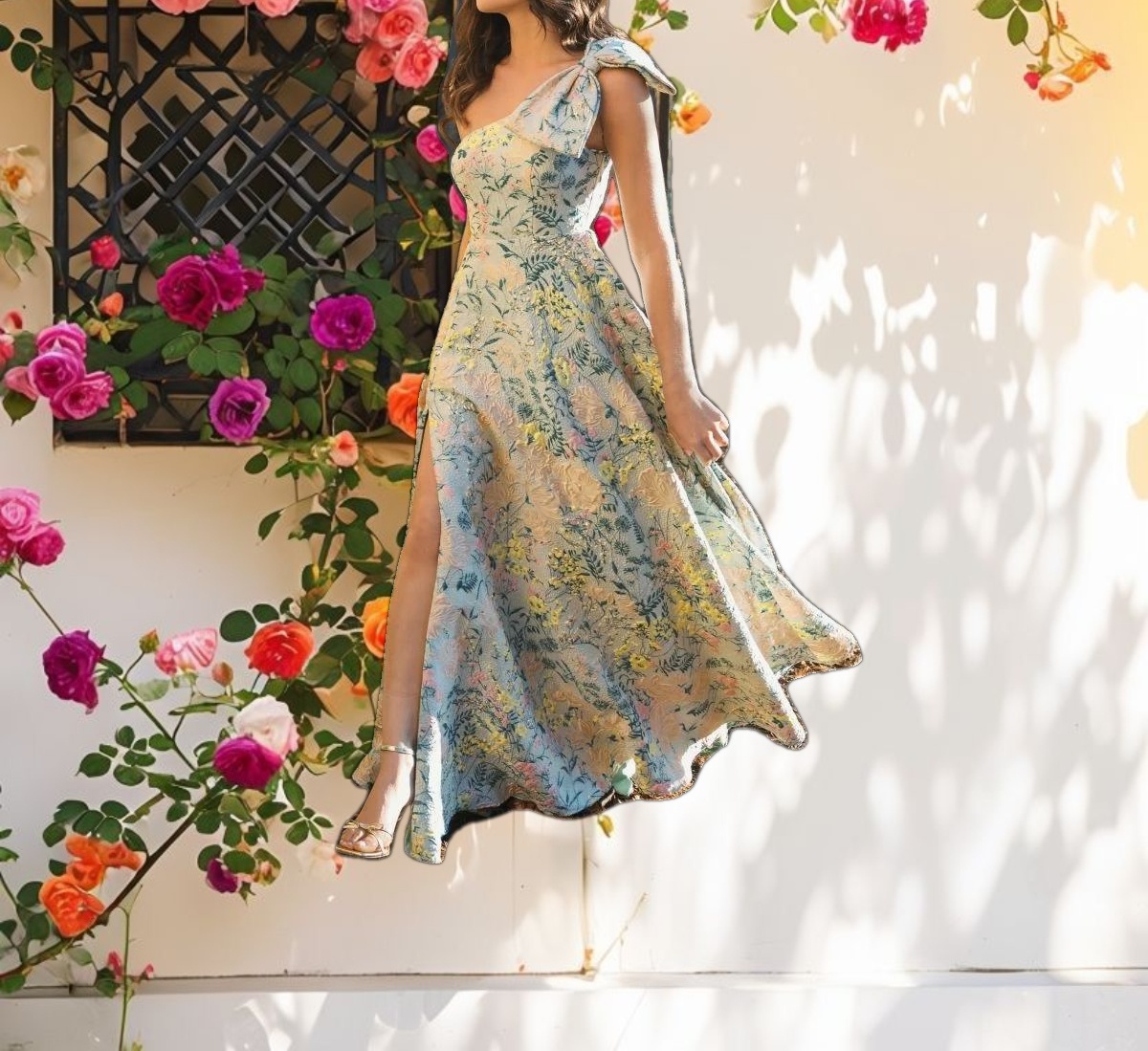 Multi Color One Shoulder Floral Dress With Bow