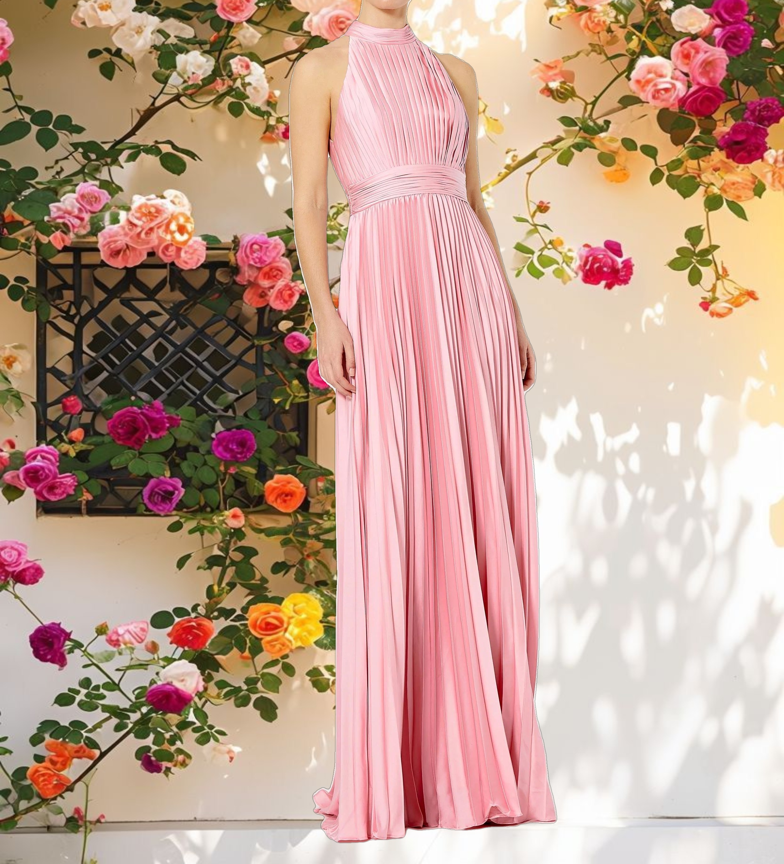 Pleated High Neck Satin Sleeveless Halter Gown