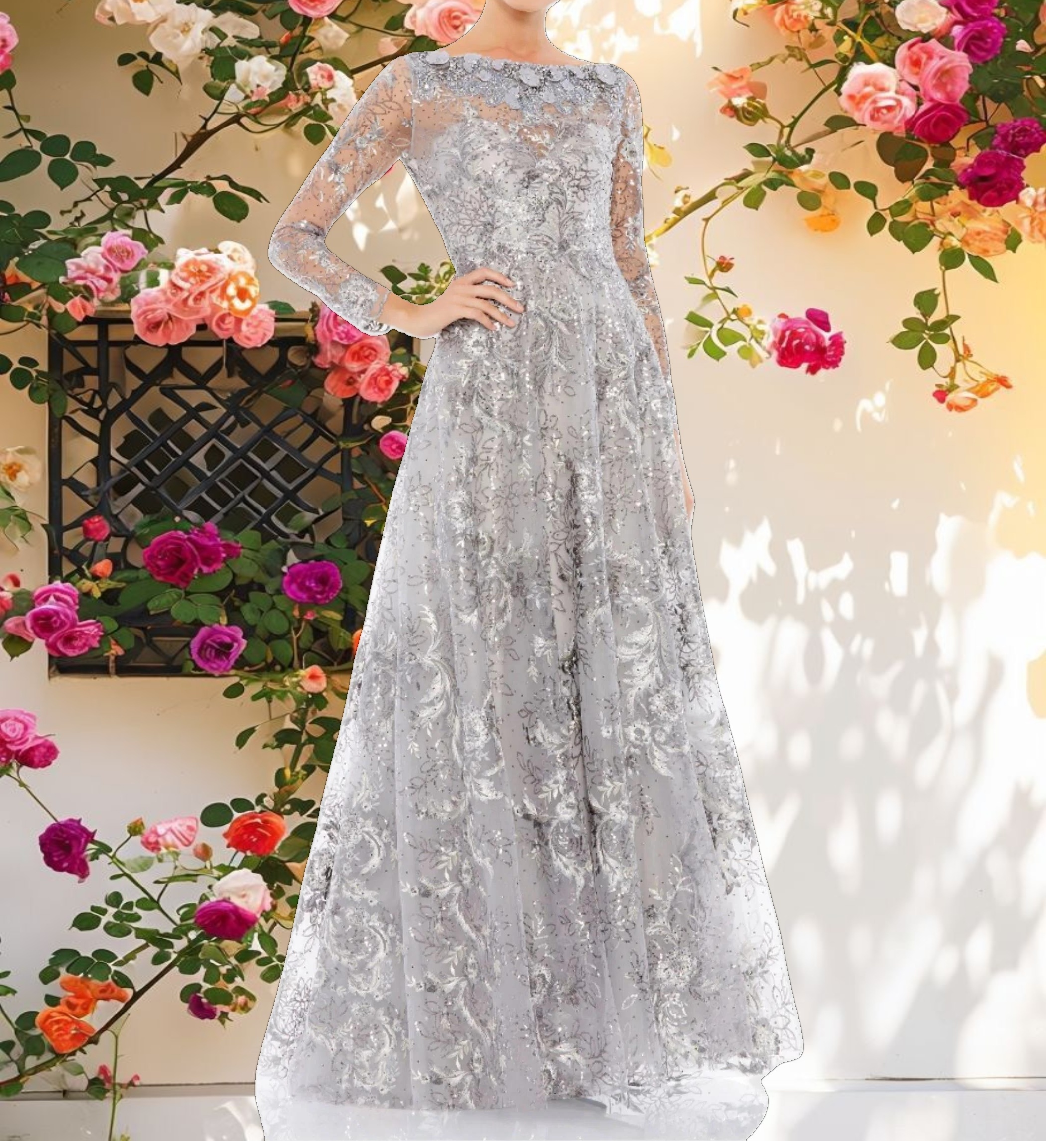 Gray Floral Embroidered Illusion Long Sleeve Gown