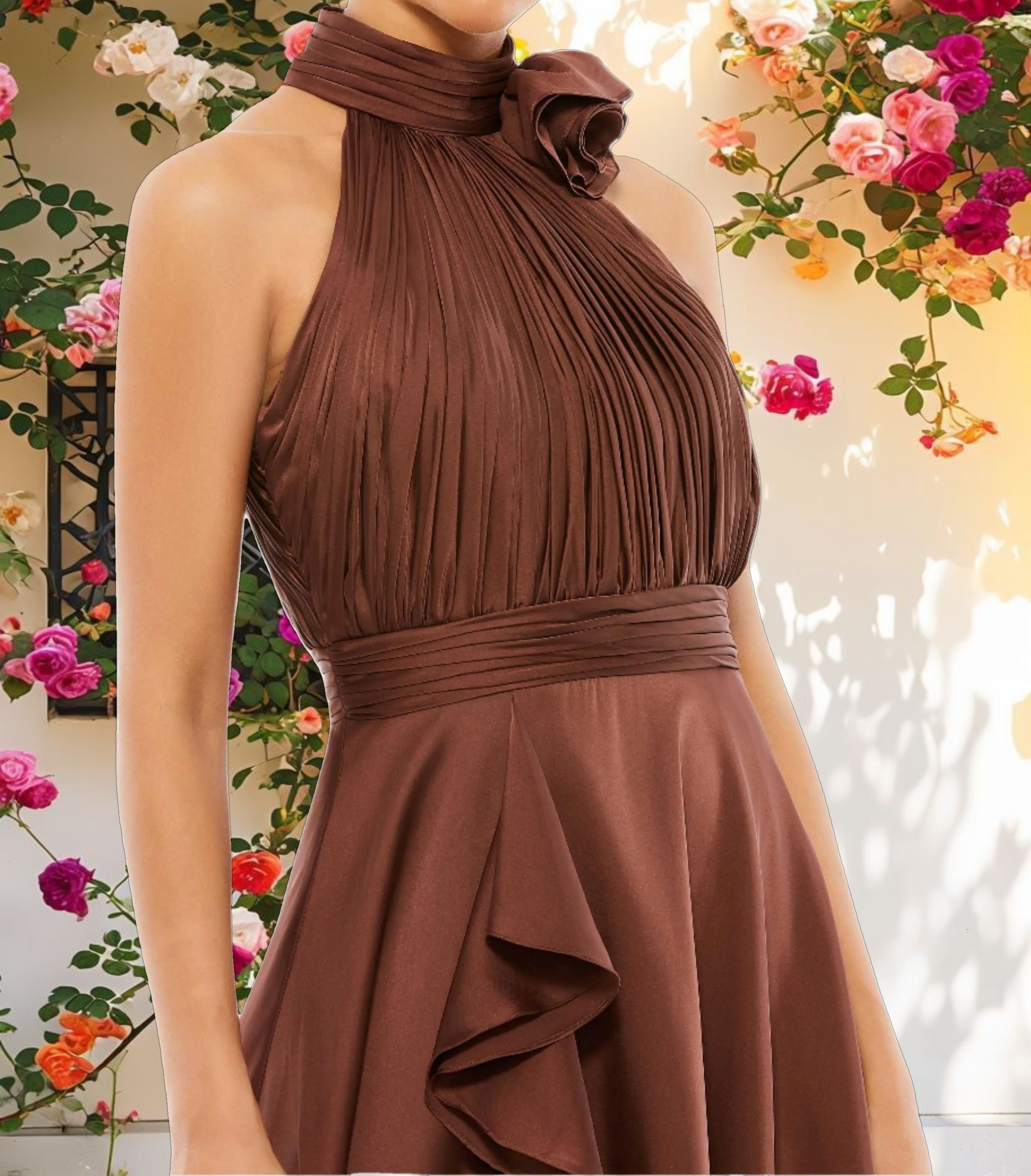 Ruffled Midi Dress with Flower Detail