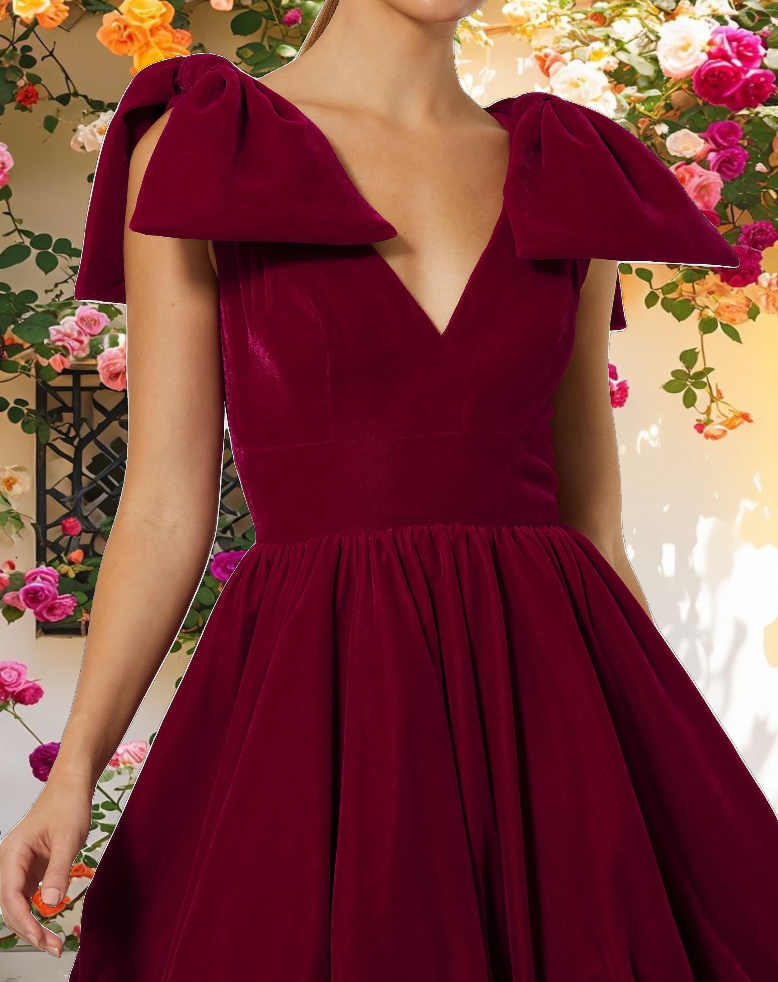 Red Shoulder Bow Velvet Bubble Mini Dress