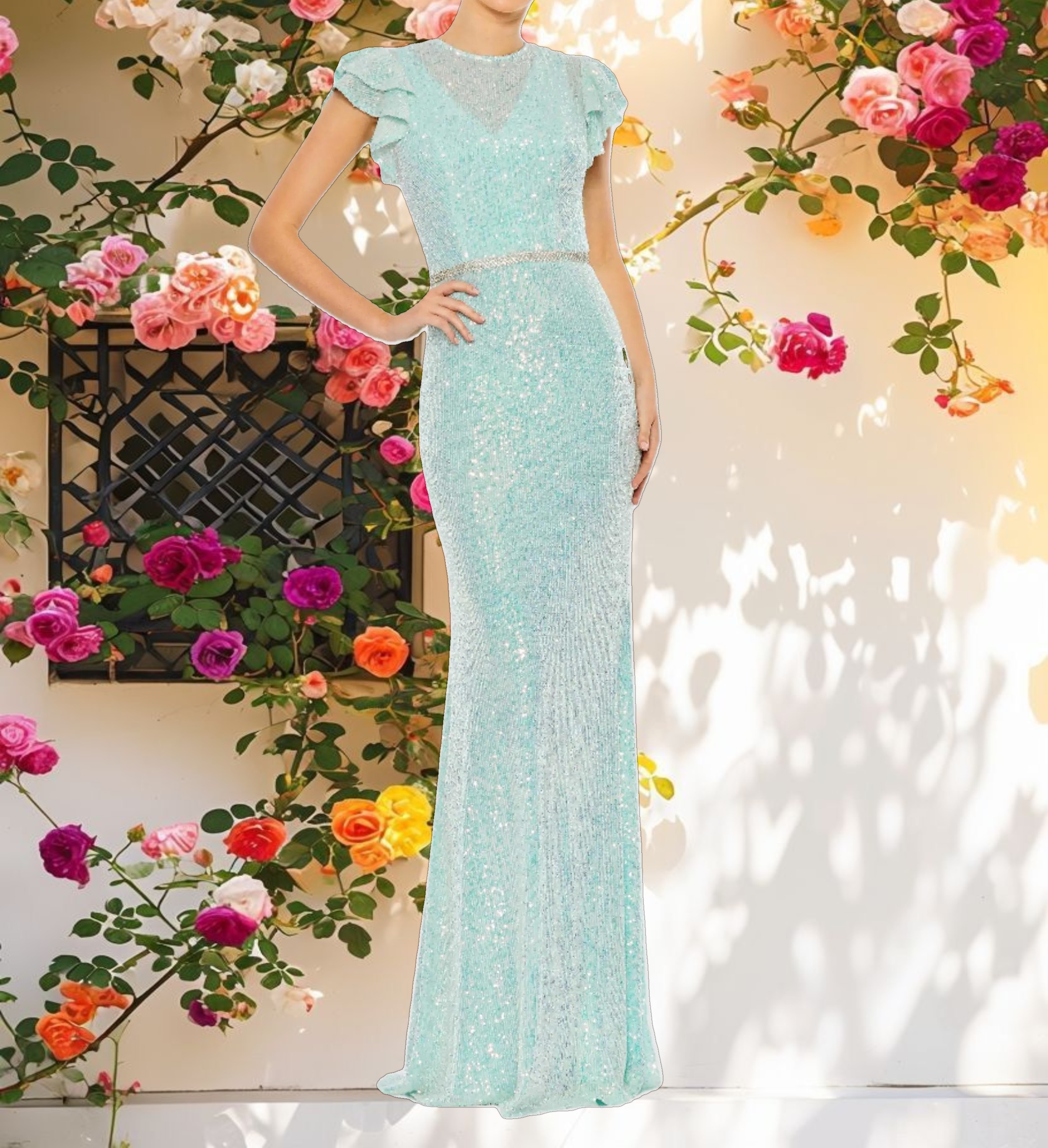 Shiny High Neck Flowy Sleeve Mermaid Gown