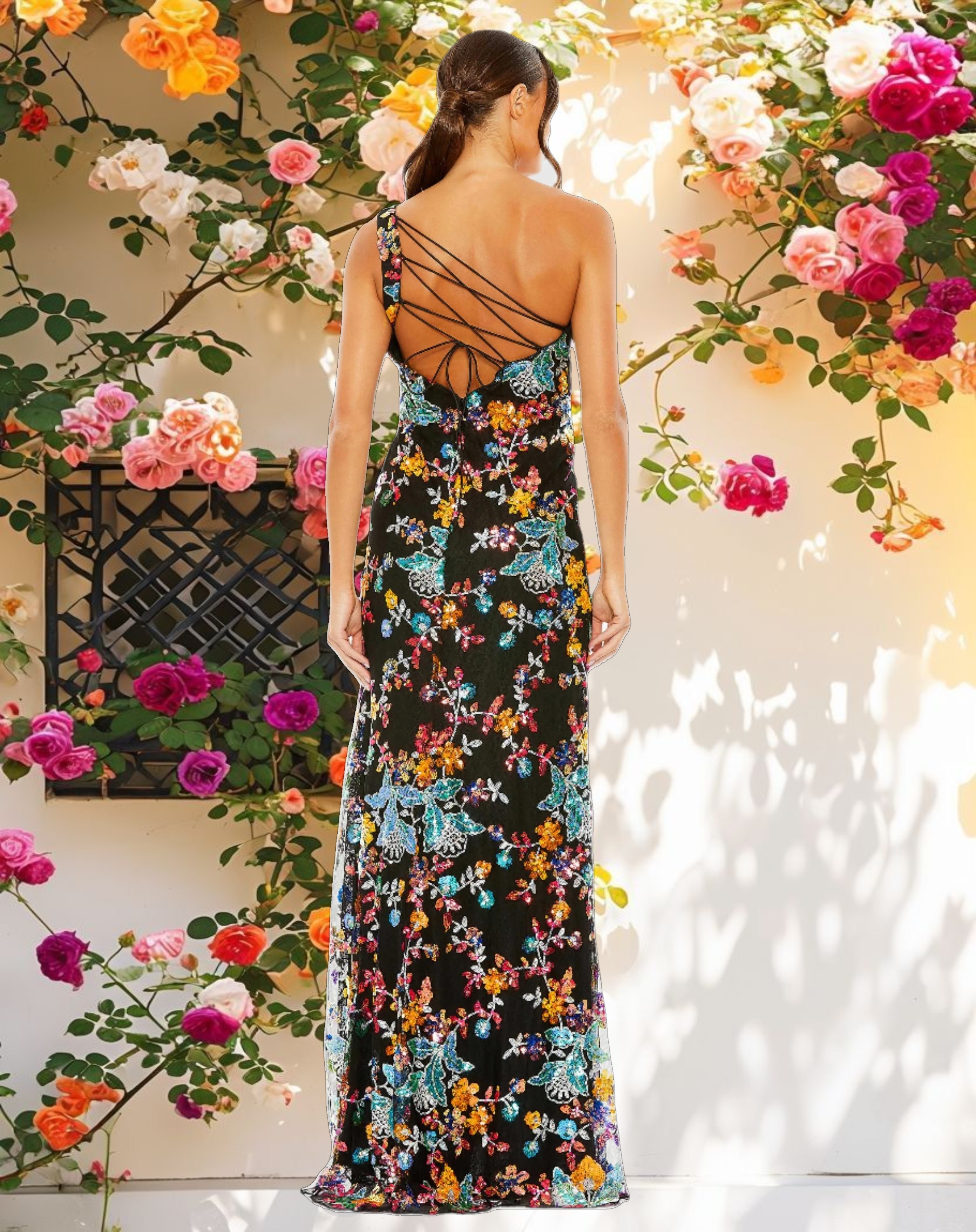 Black Multicolor One Shoulder Floral Sequin Lace Up Gown