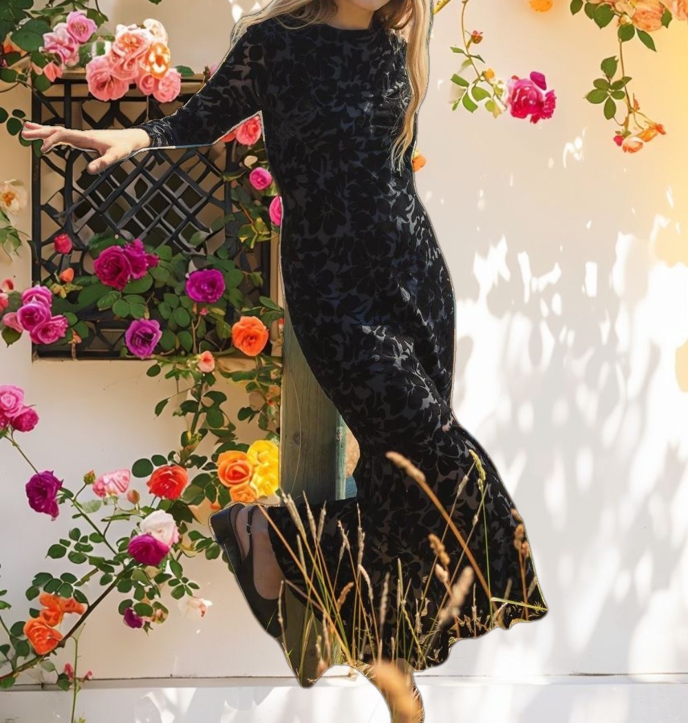 Dark Velvet Long Sleeve Ruffle Hem Midi Dress