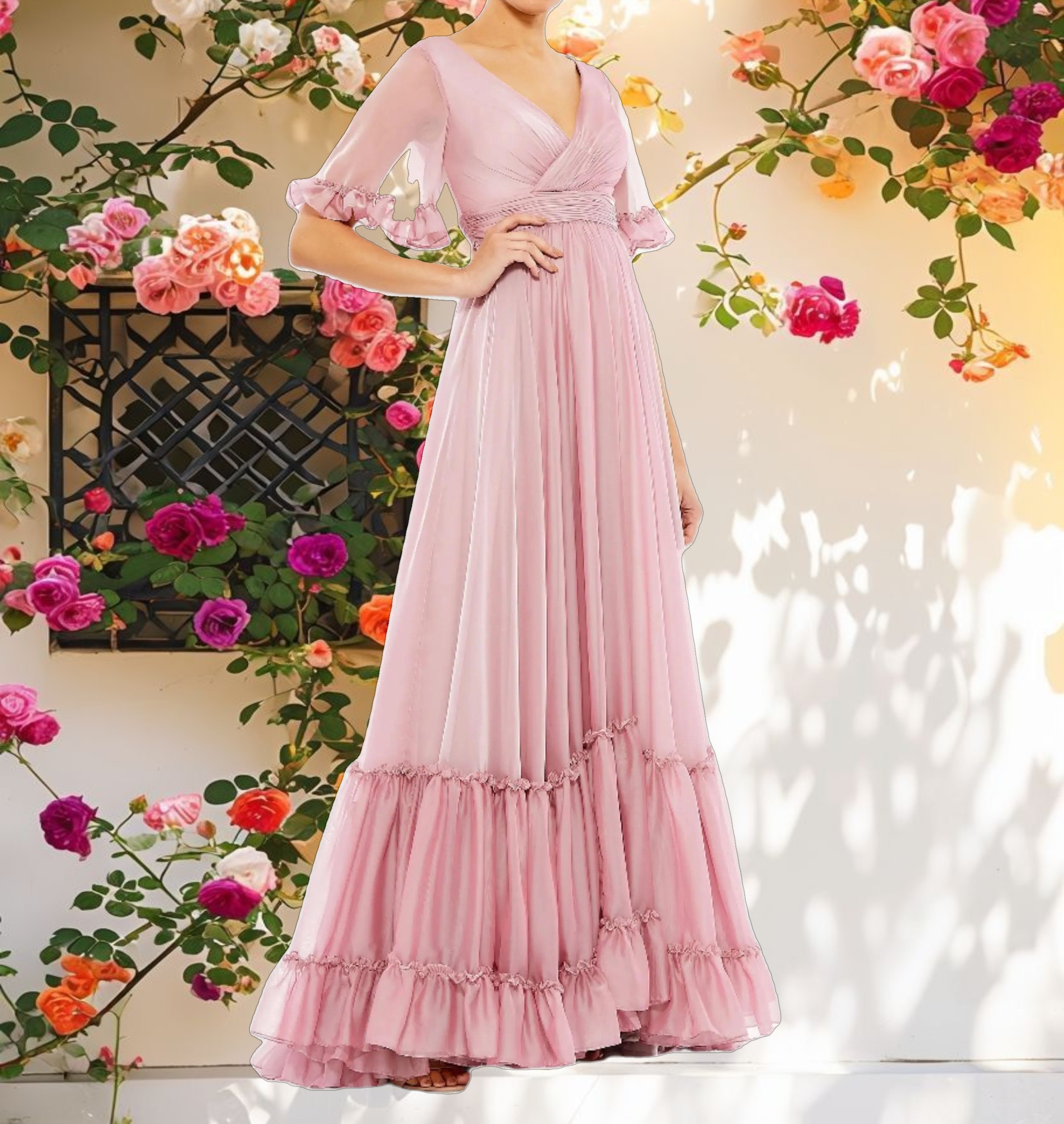 Floral Ruffle Trimmed Sleeve Wrap Over Gown