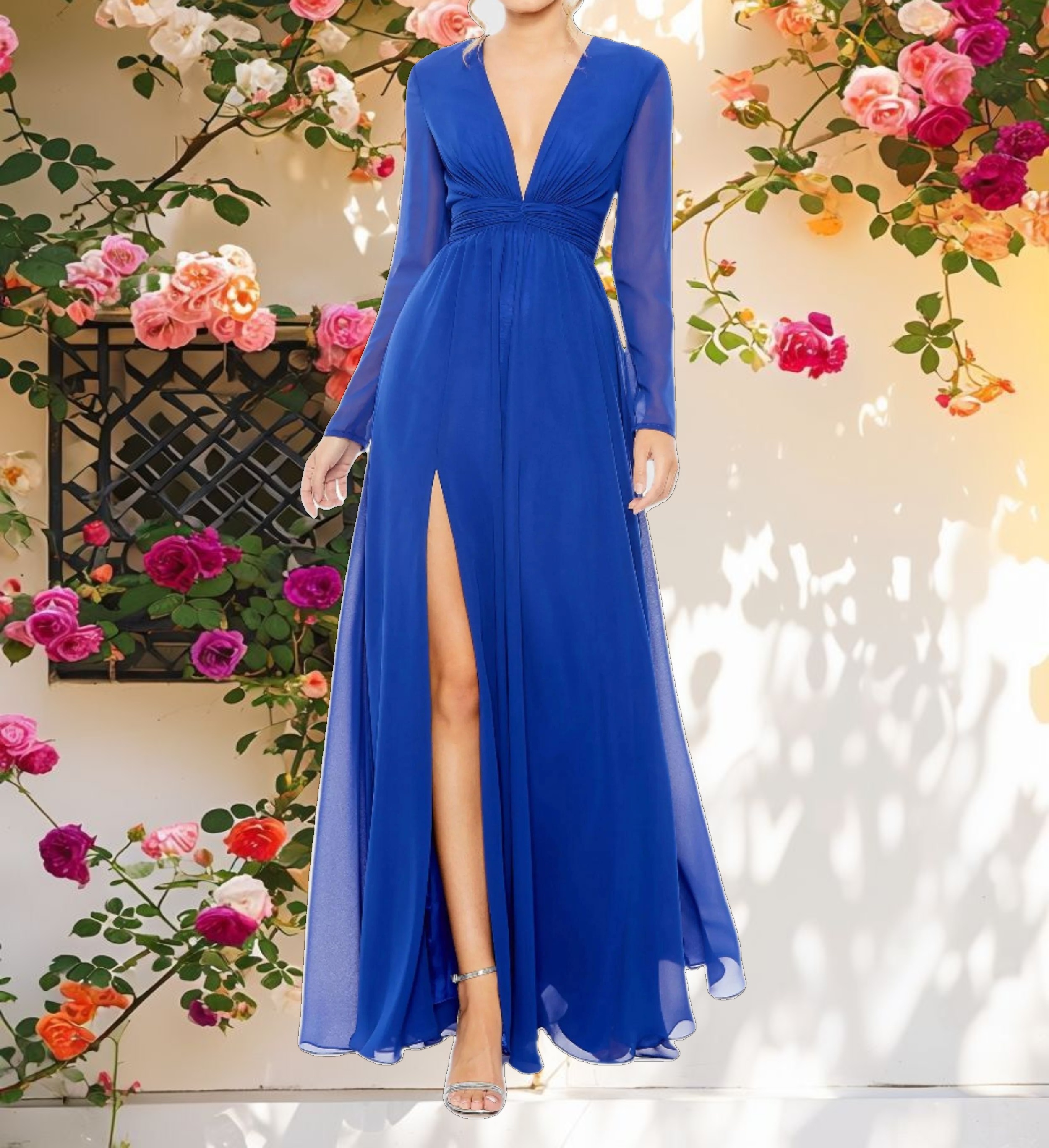 Blue V Neck Front Twist Long Sleeve Gown