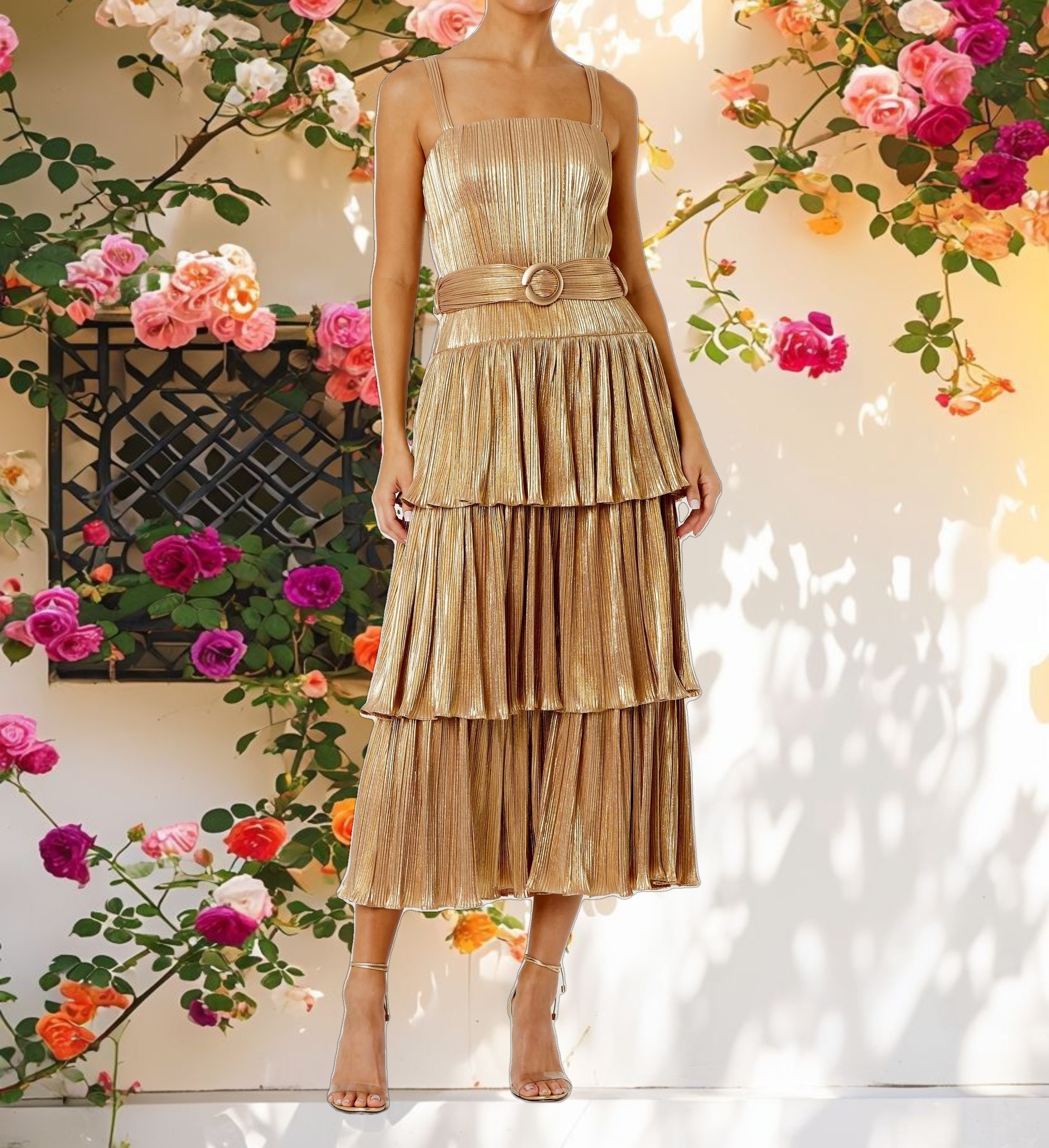 Gold Ruffle Tiered Buckle Detail Dress