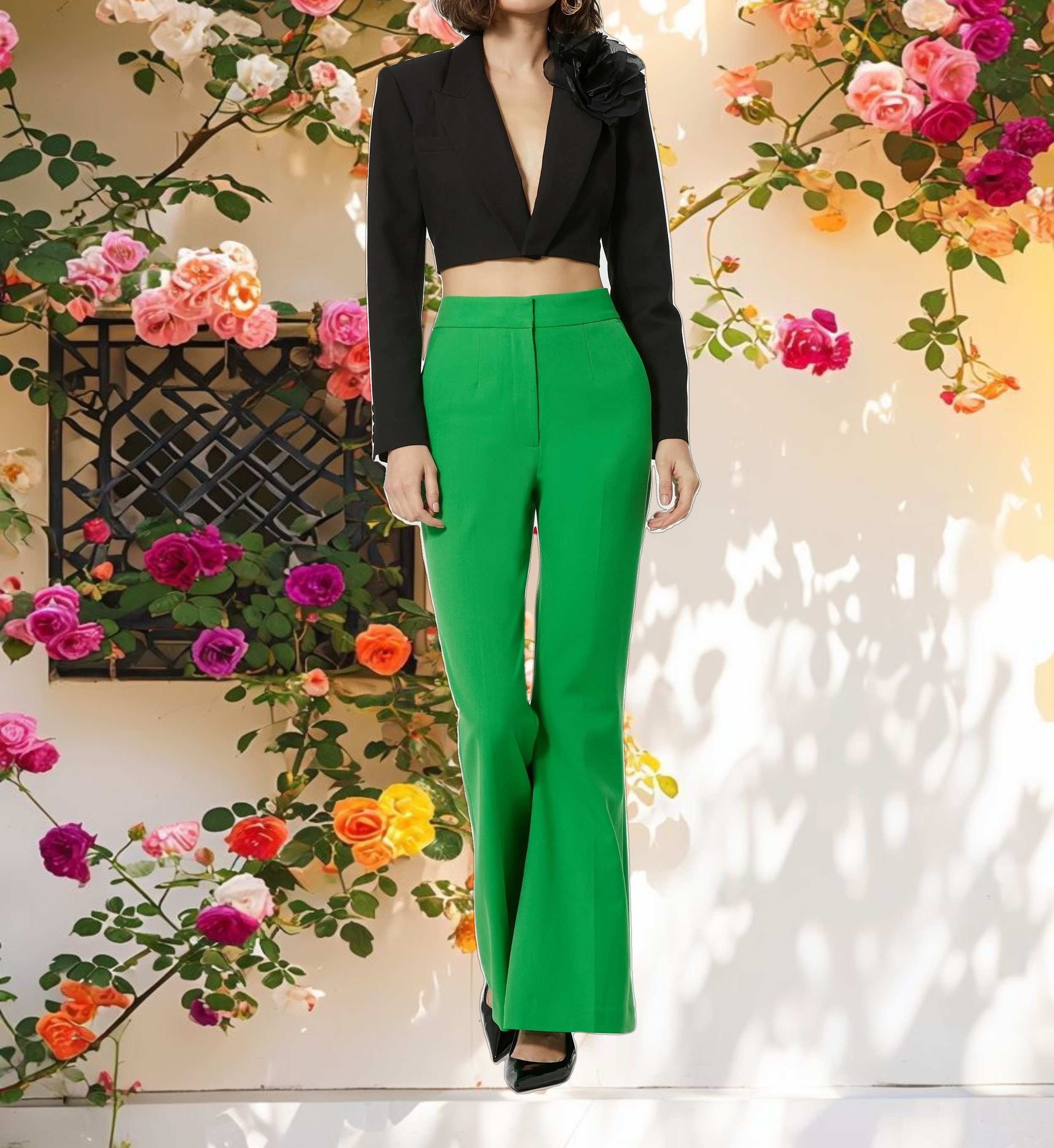 Spring Green Classic Crepe Flared Leg Trouser Pant