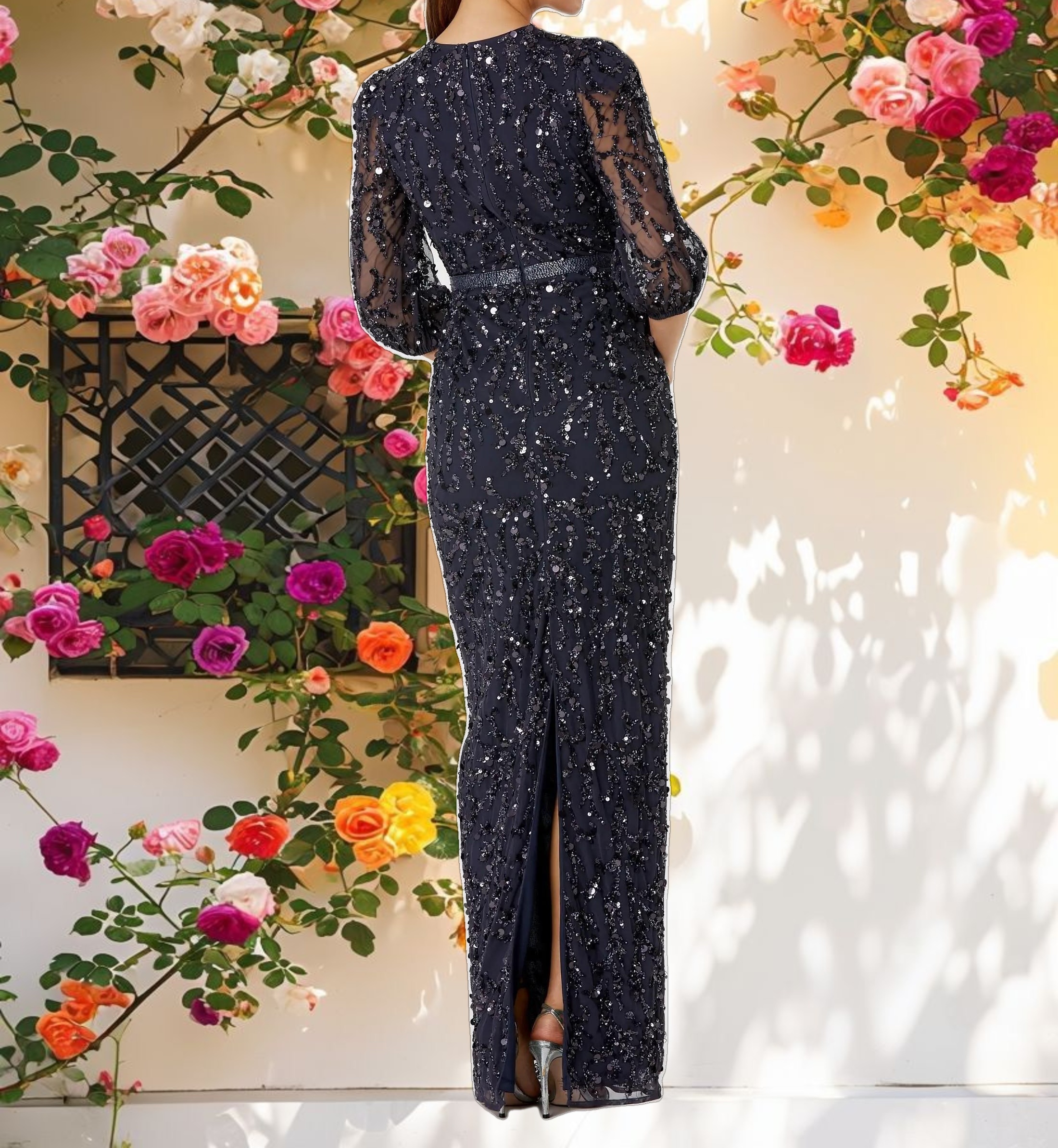 Blue Arm Length Decorated Dress