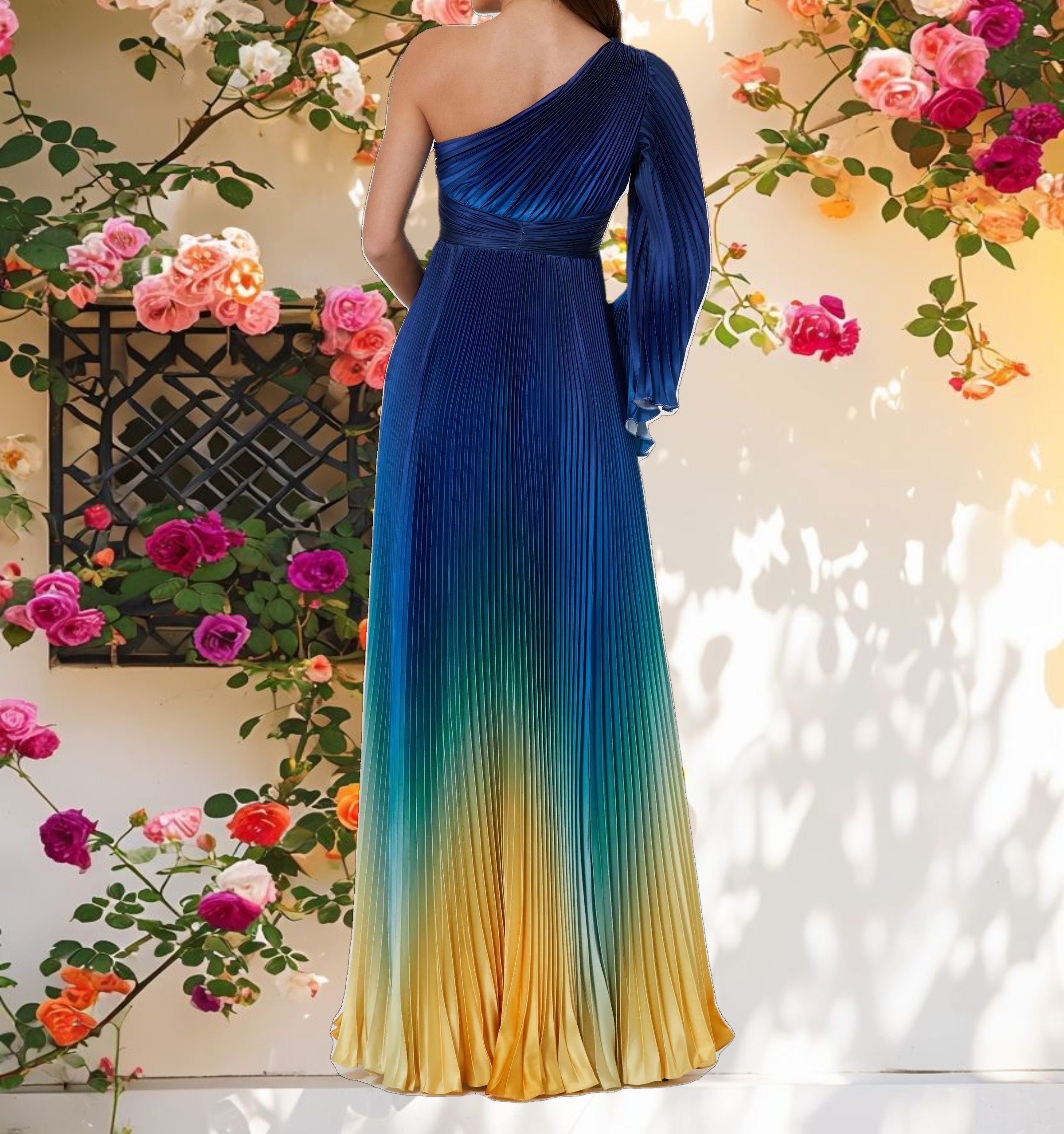 Blue Ombre Flare Sleeve Charmeuse Gown