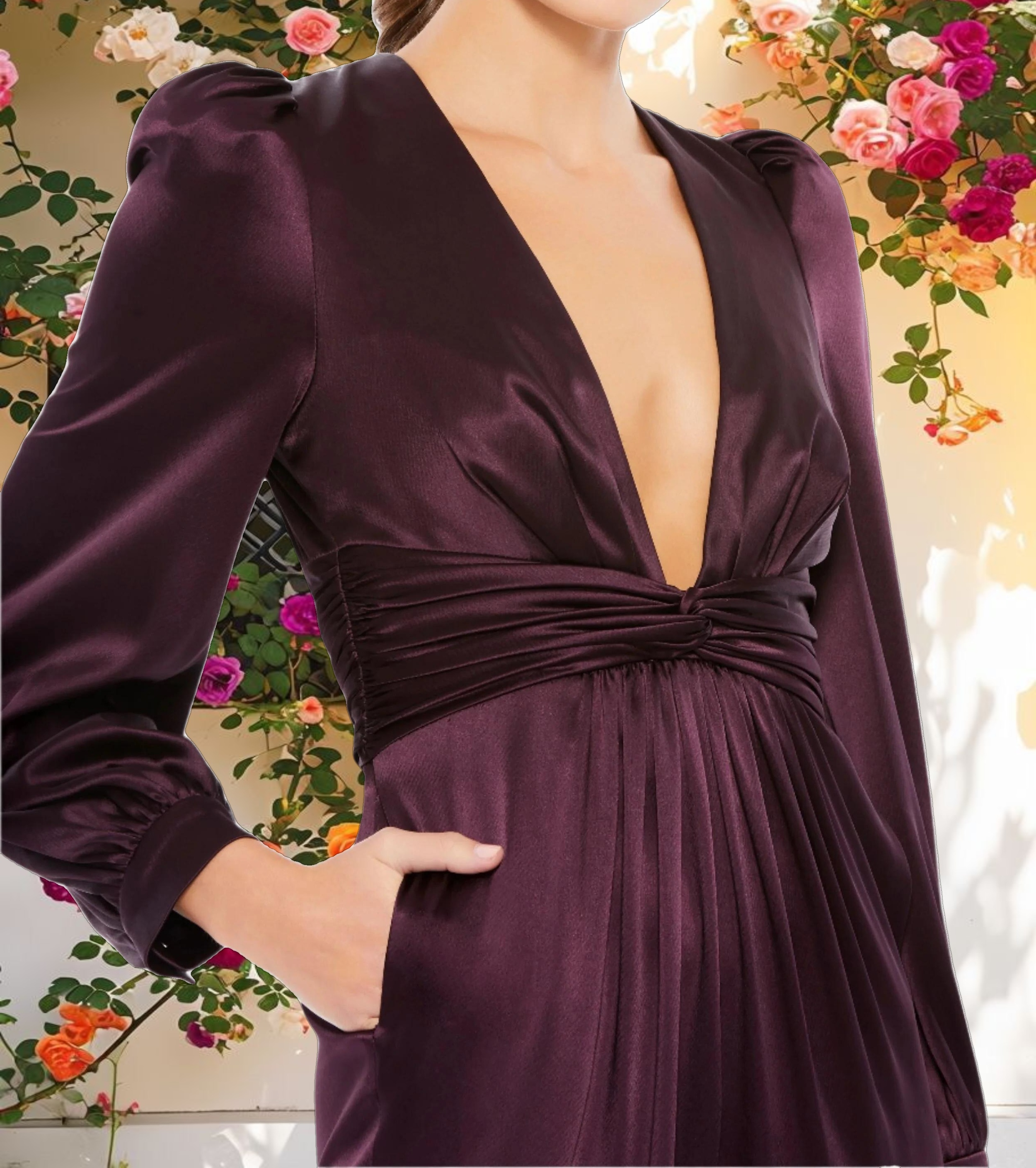 Purple Front Twist Puff Sleeve Deep V Jumpsuit