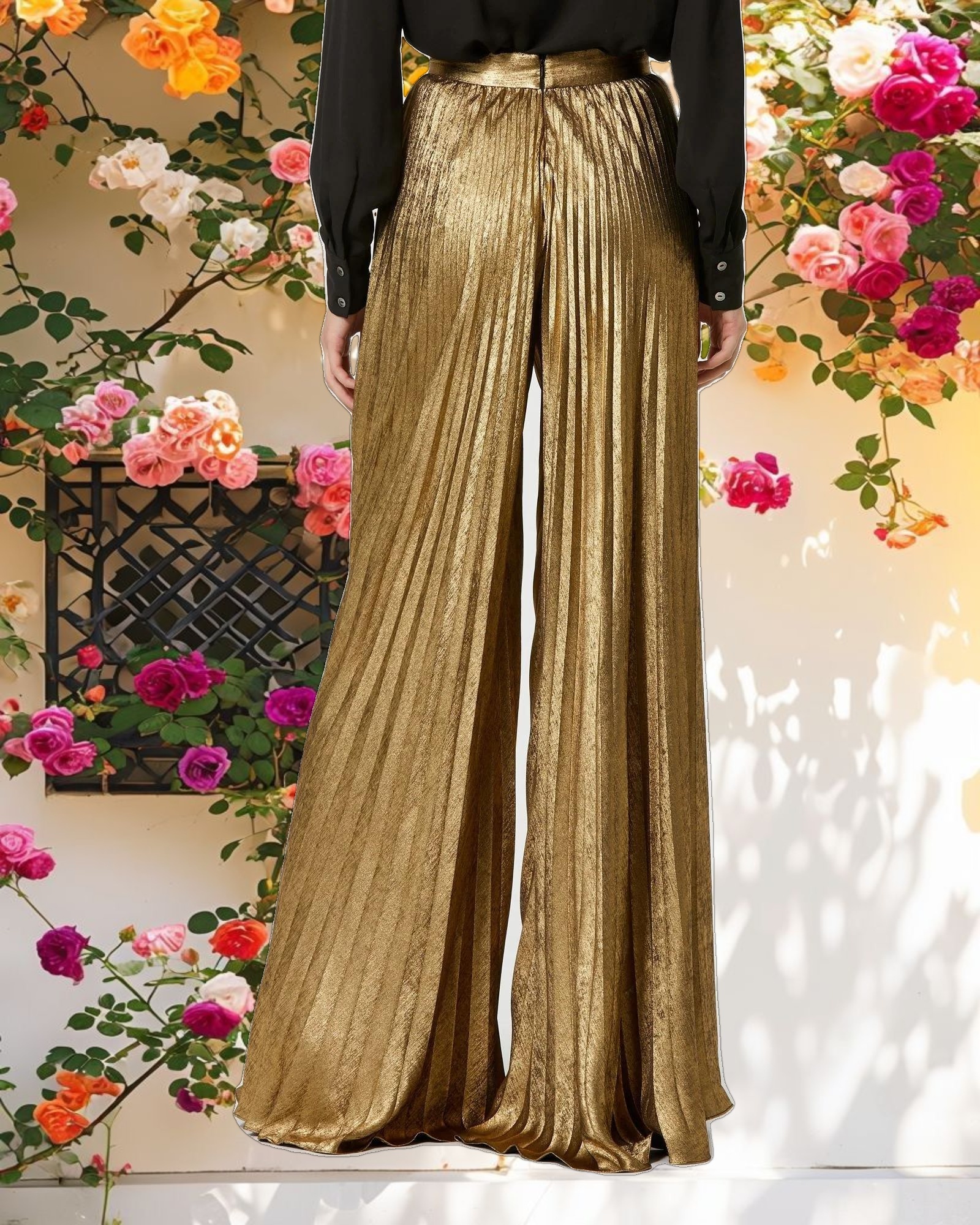 Metallic Lamé Pleated Wide Leg Pant