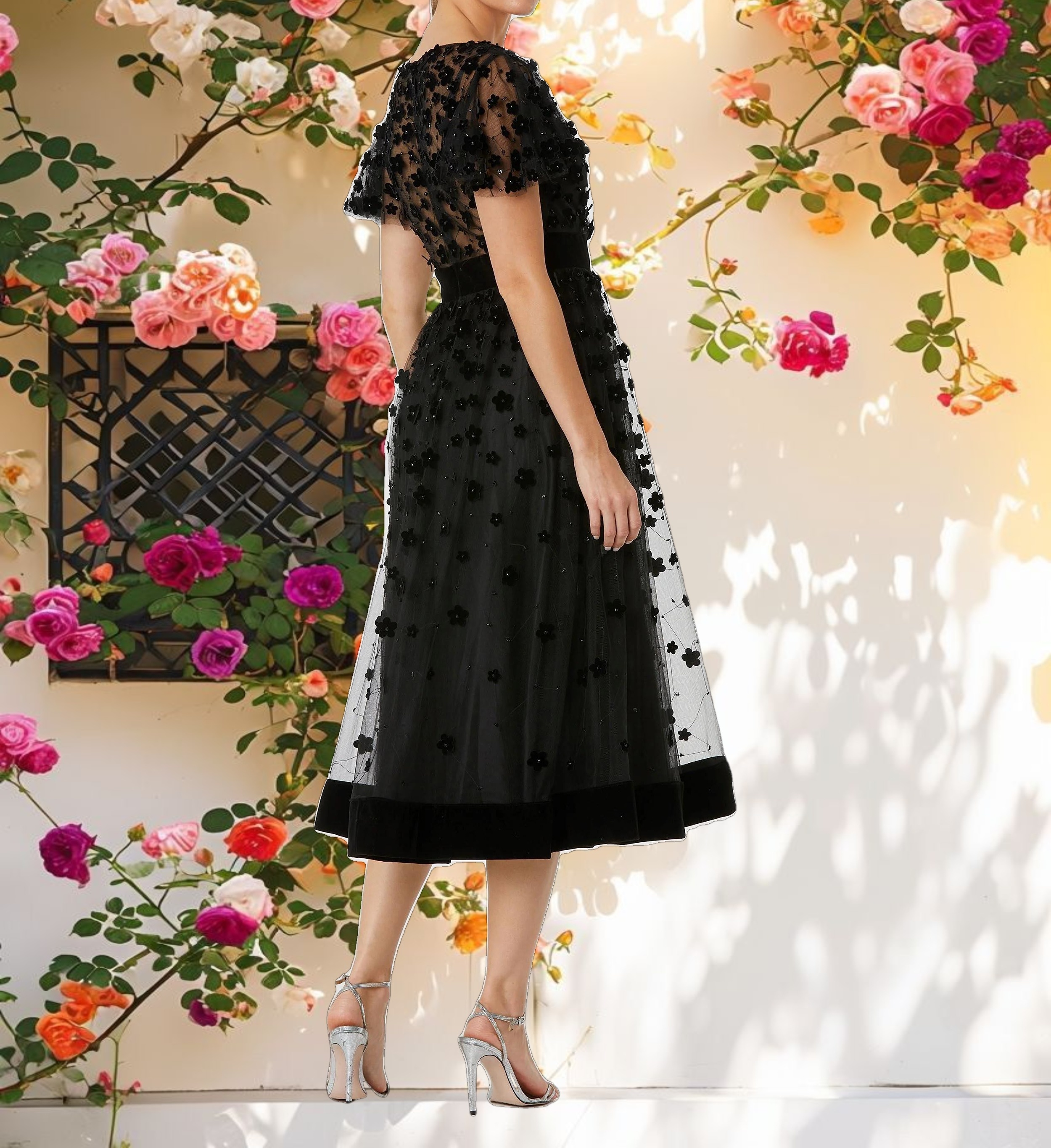 Black Embellished Butterfly Sleeve Velvet Hem Midi Dress