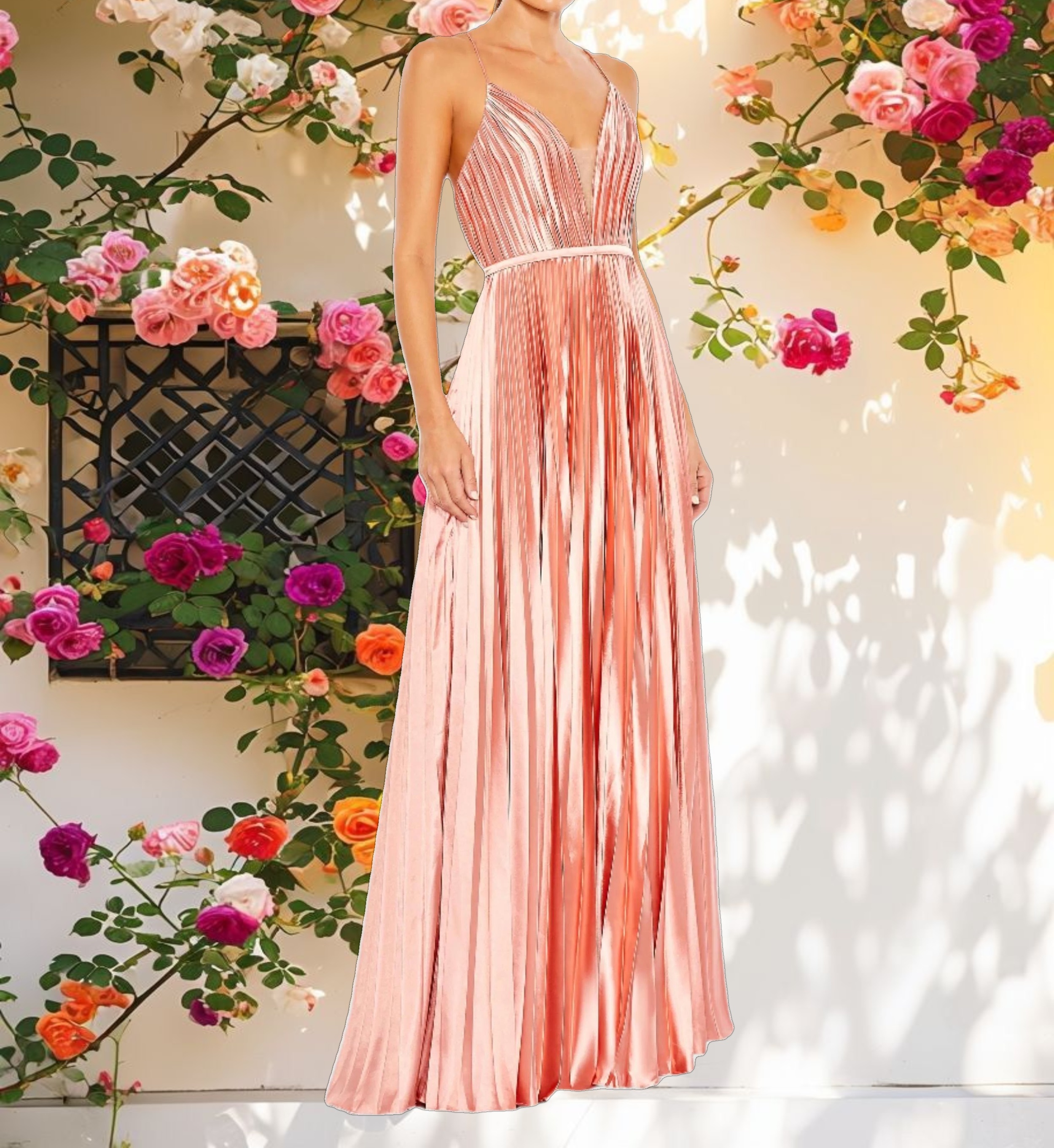 Pink Plunge Neck Pleated Evening Gown
