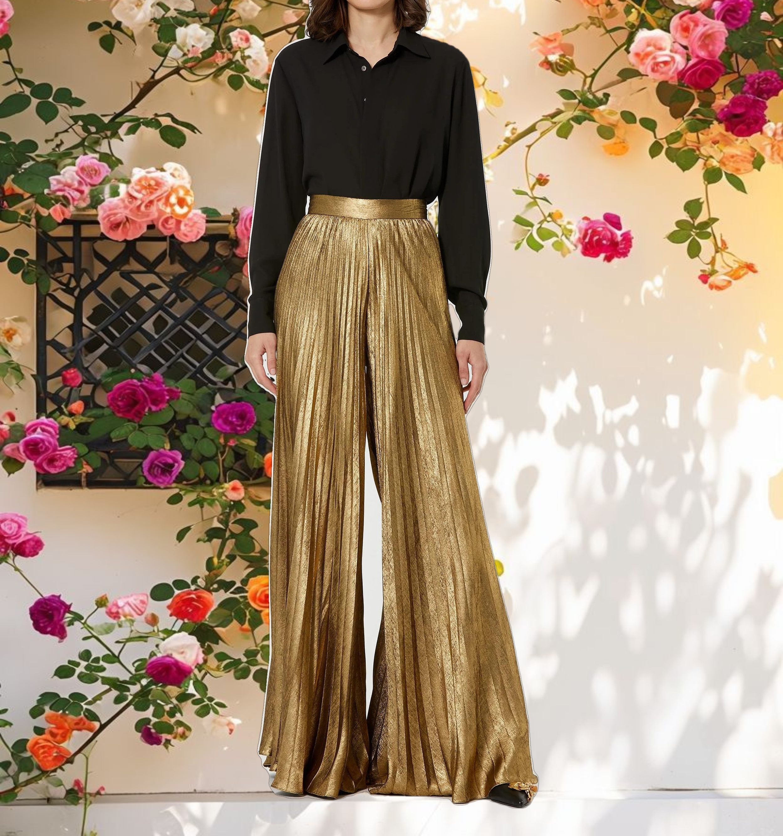 Metallic Lamé Pleated Wide Leg Pant