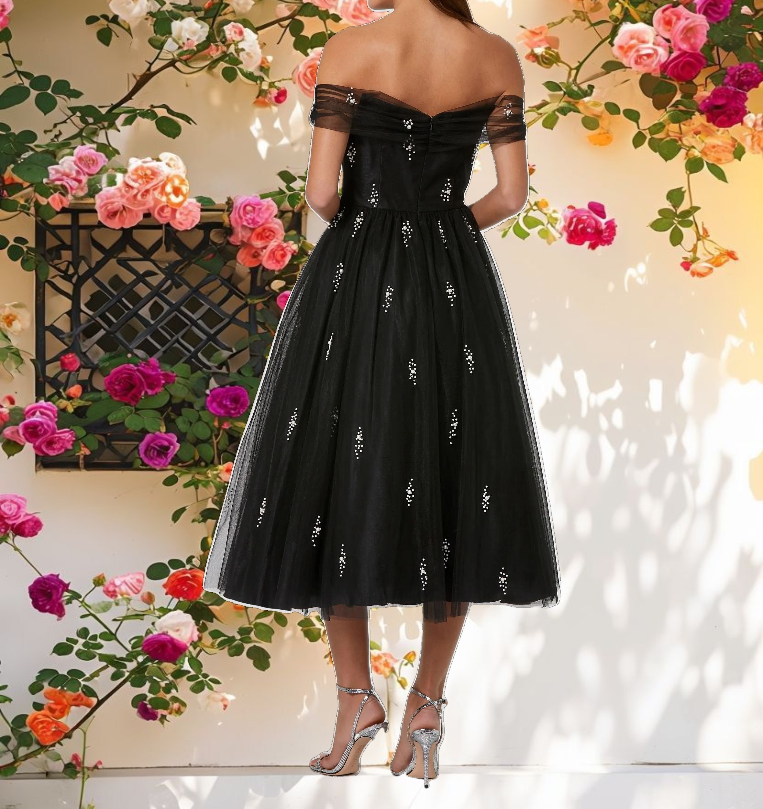 Black Off The Shoulder Embellished Tulle Cocktail Dress