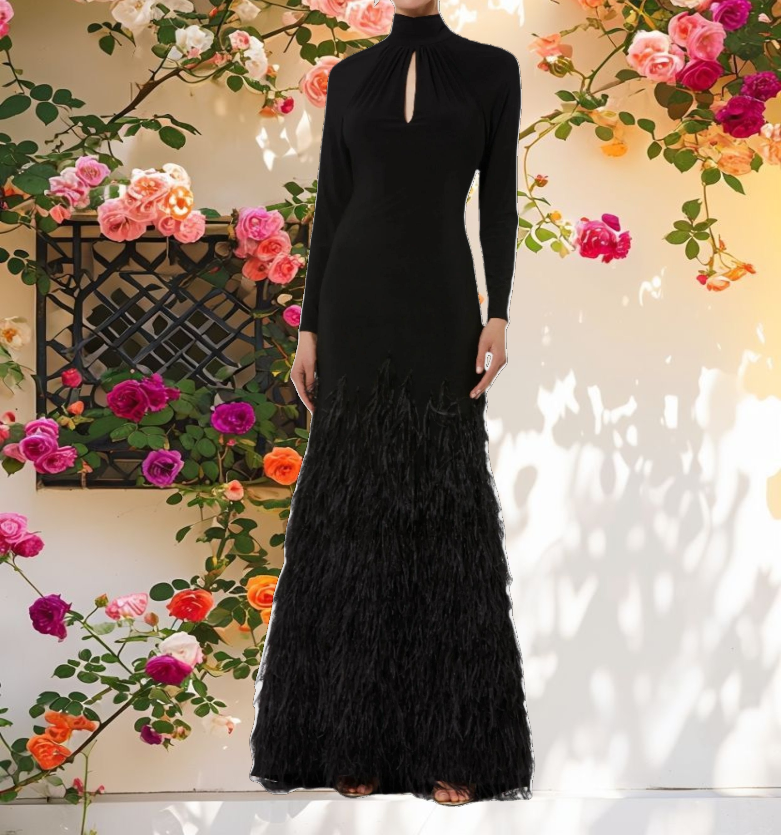 Black Jersey Long Sleeve High Neck Feather Gown