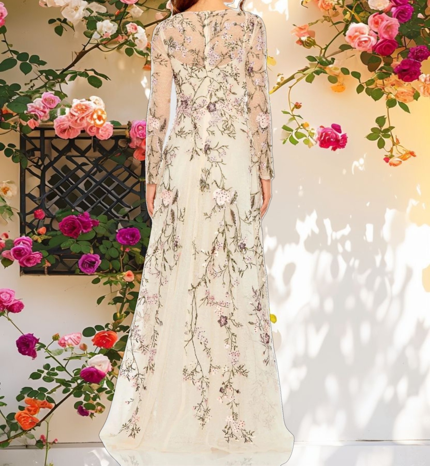 V Neck Long Sleeve Embroidered A Line Floral Gown