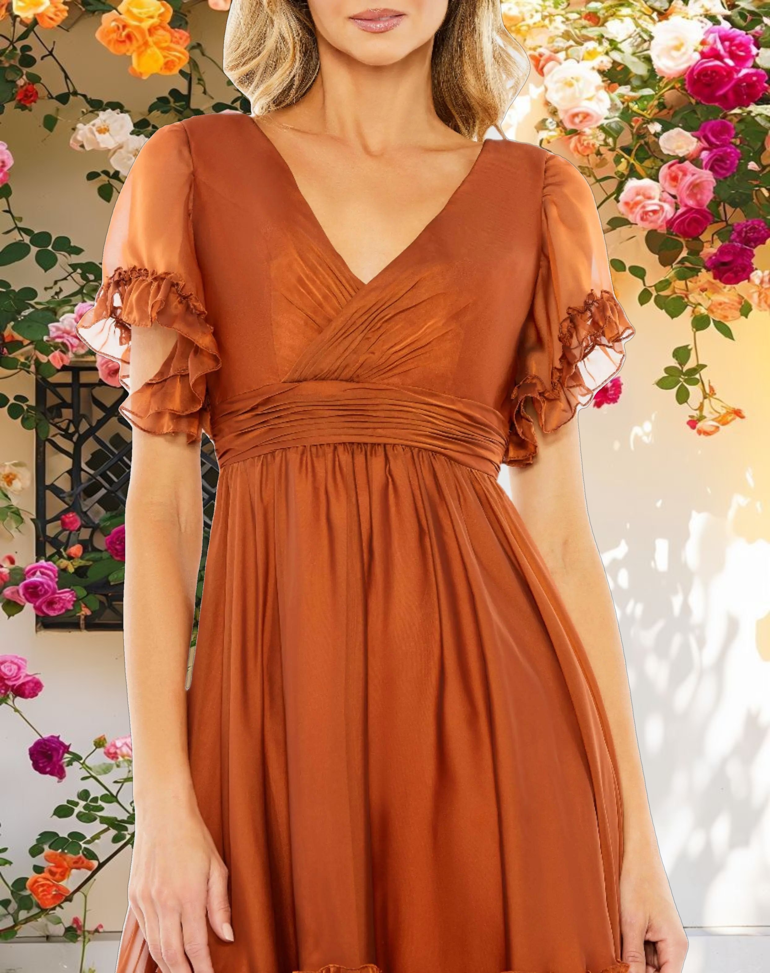 Pink Tea Length Ruffled Dress w/ Sheer Flutter Sleeves