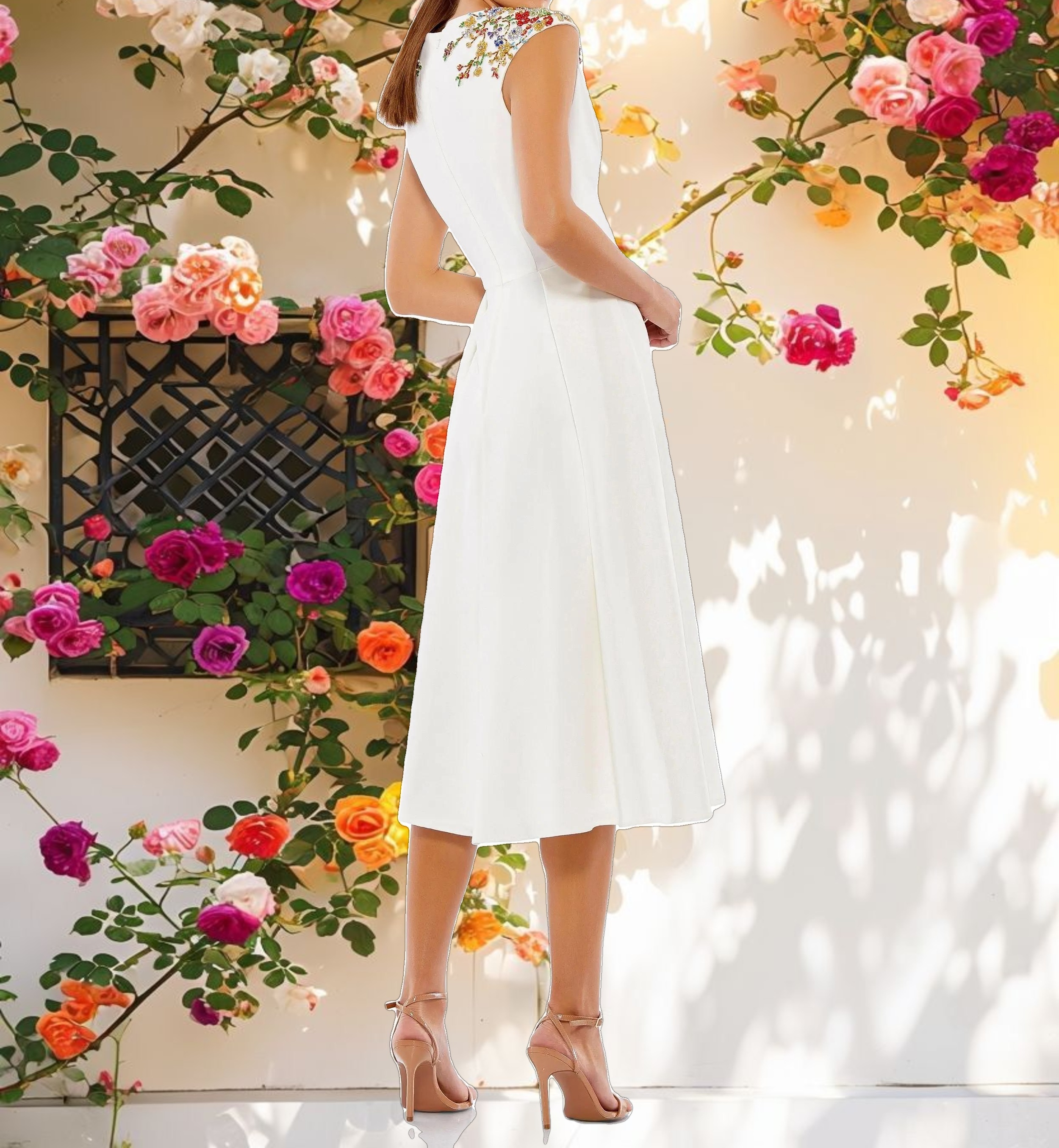 White Beaded Cap Sleeve A Line Midi Dress