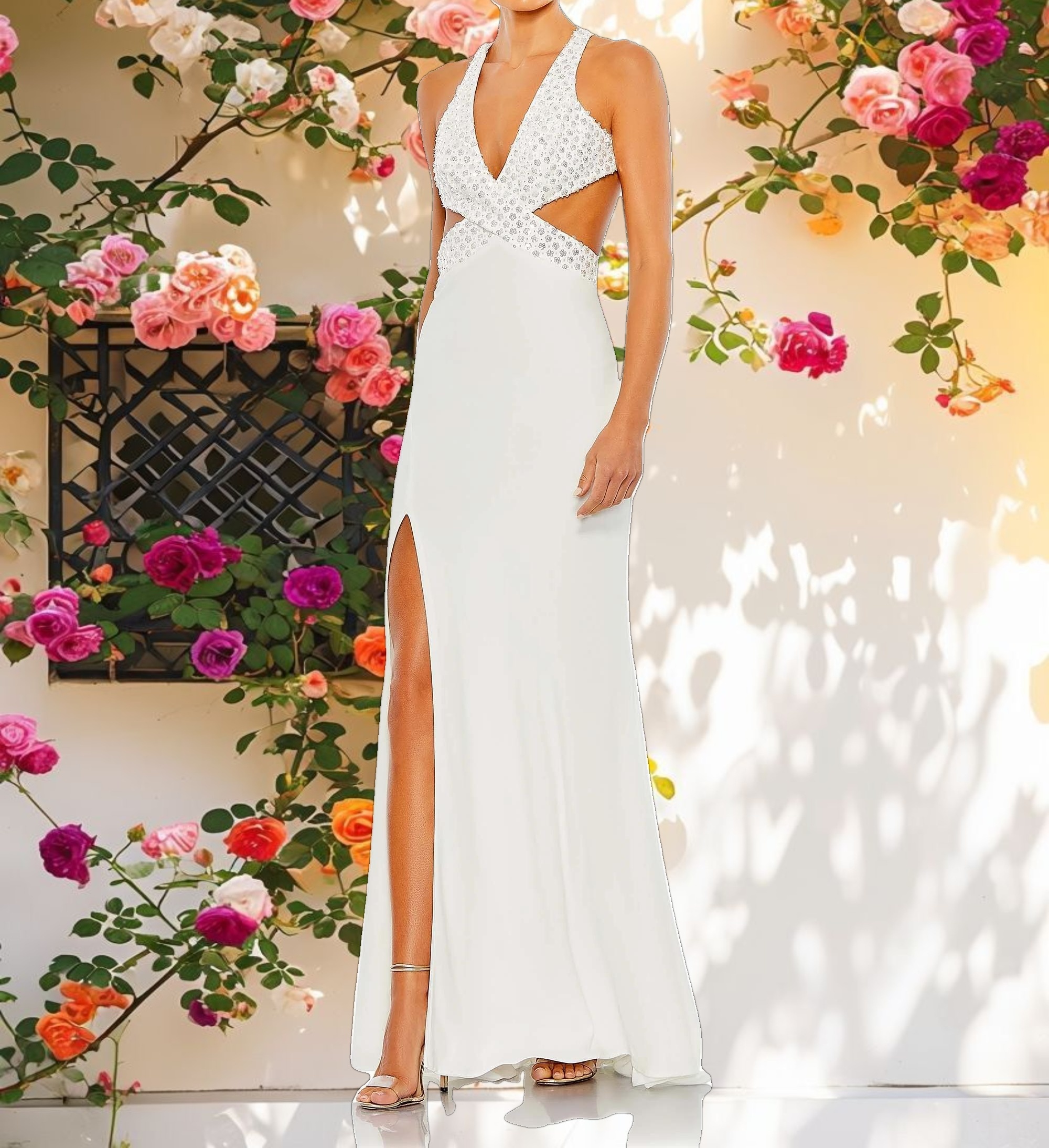 Floral Sequined Criss Cross Bodice Gown