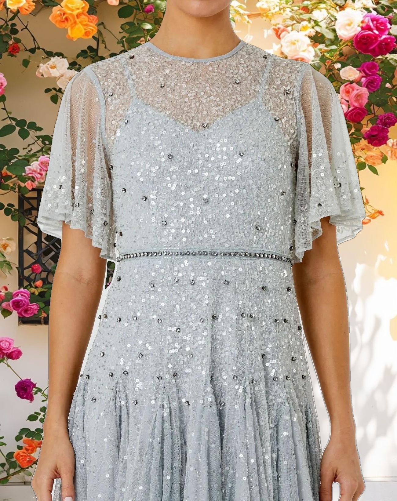 Blue Cape Sleeve Beaded Tea Length A line Dress