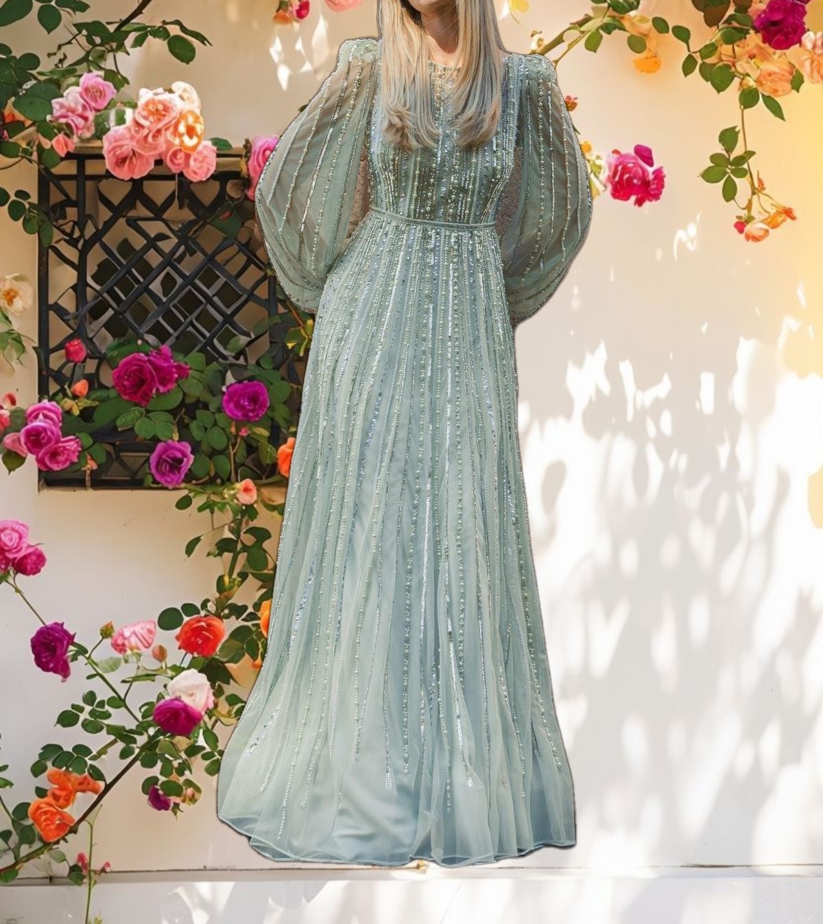 Striped Beaded Long Sleeve Gown