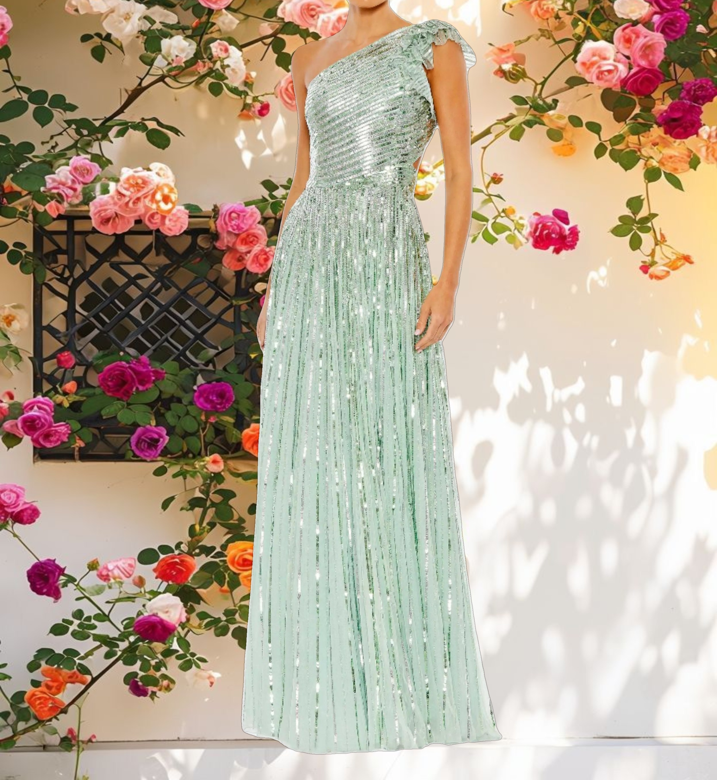 Light Green Sequined One Shoulder Flutter Sleeve A Line Gown