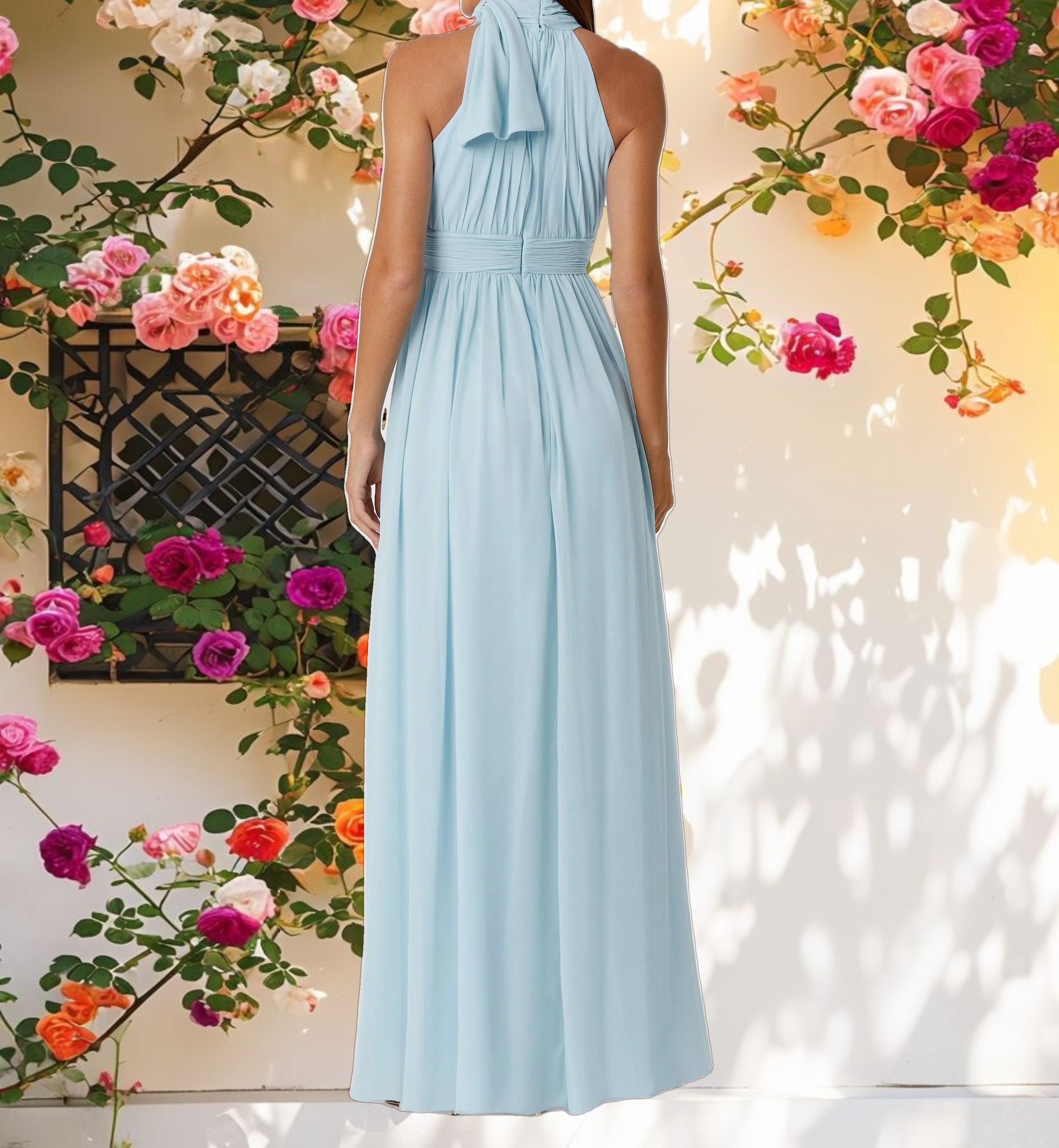Blue High Neck Chiffon Gown