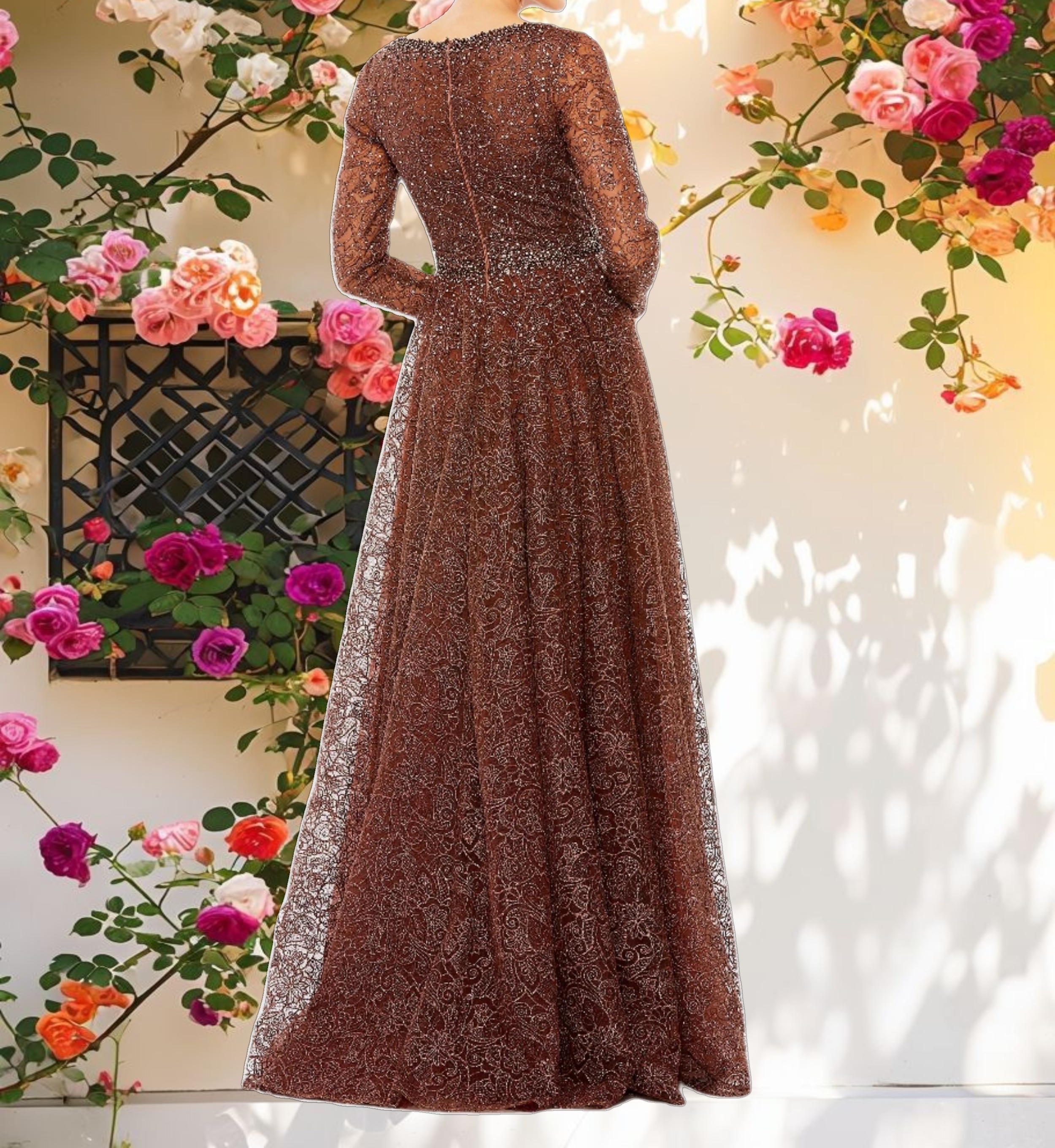 Stunning Embellished Long Sleeve V Neck Gown