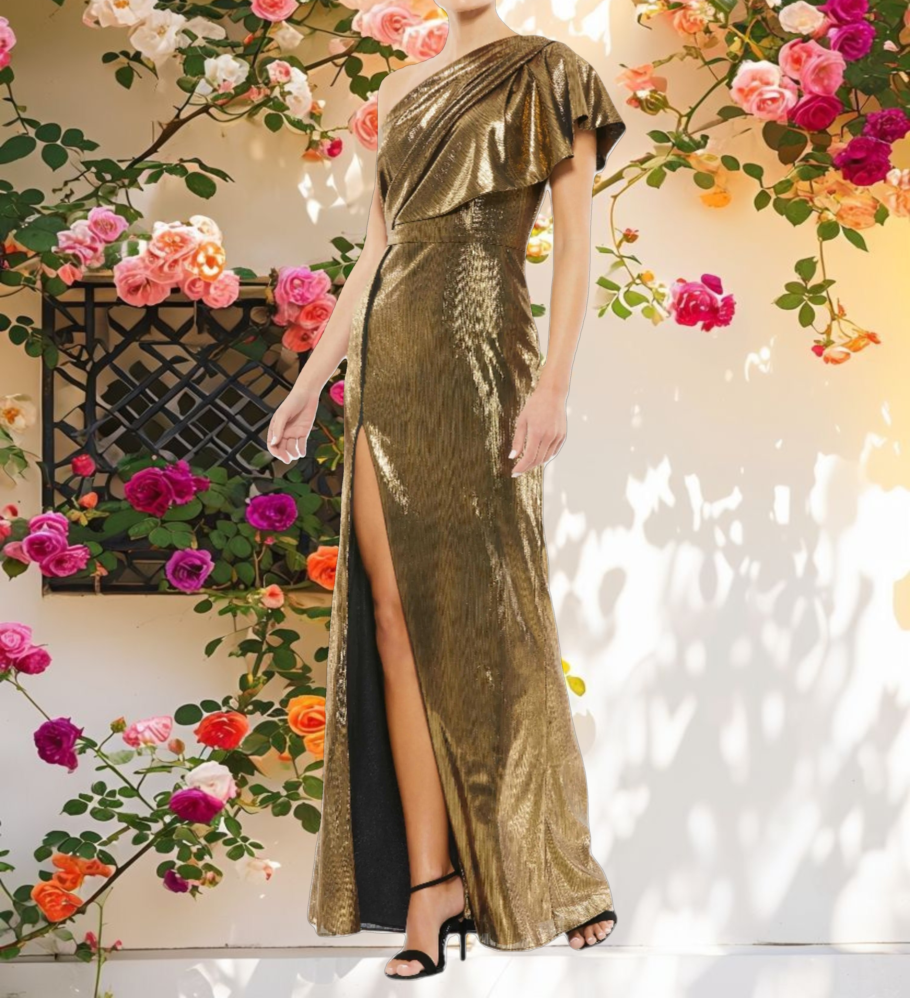 Ruffled One Shoulder Metallic Evening Gown