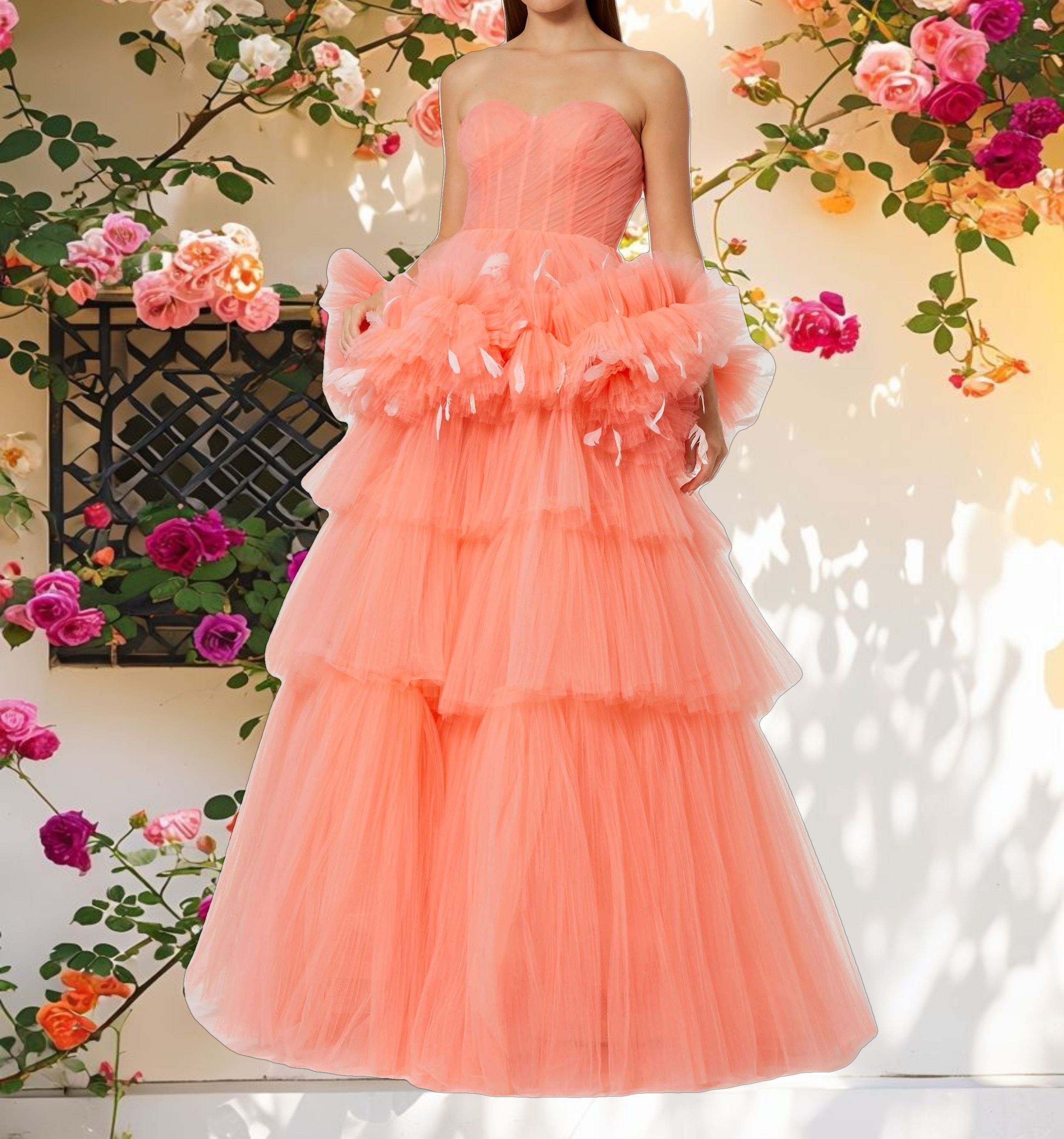 Orange Strapless Tulle Gown with Feather Detail