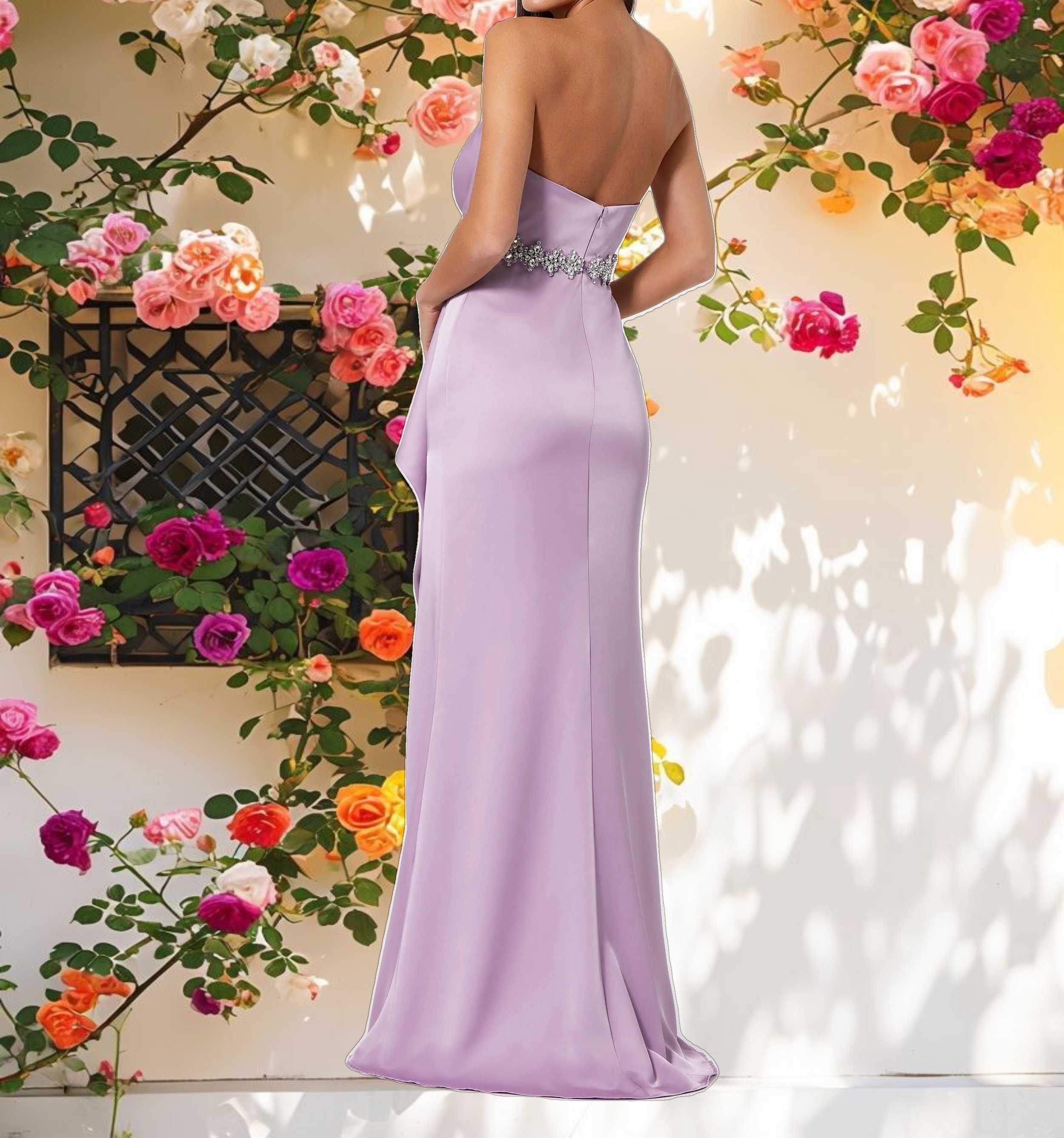 Pink Strapless Silk Dress With Decorated Belt Detail