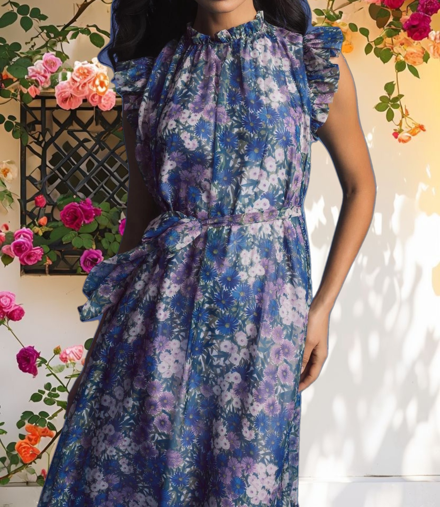 Floral Printed Chiffon Ruffle Sleeve Gown With Bow Belt