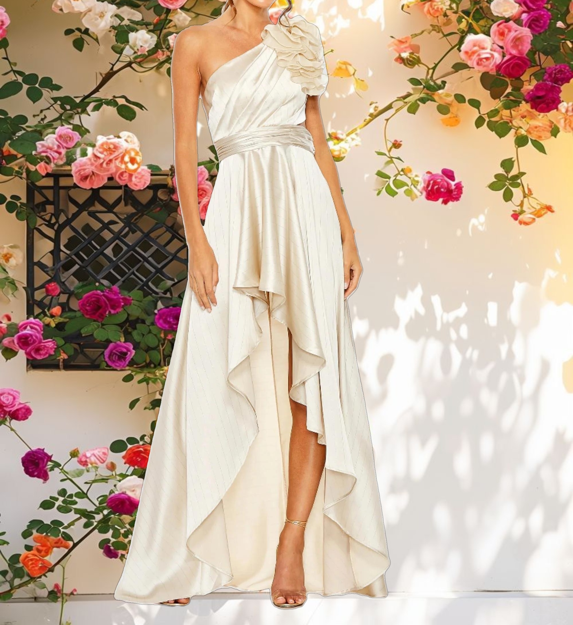 Beige Ruffled One Shoulder Cut Out Hi Low Gown