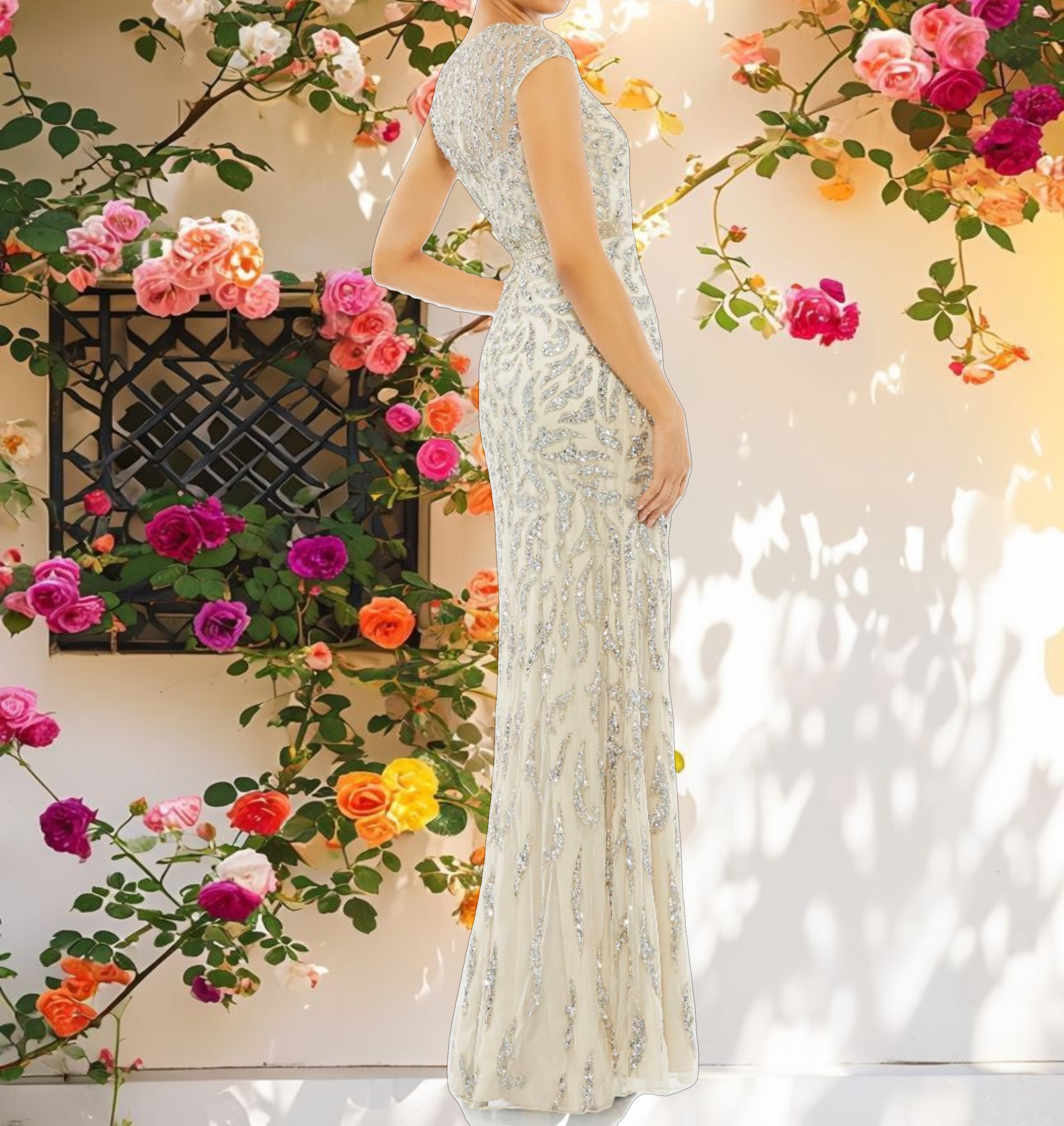 White and Silver Embellished Illusion Cap Sleeve Column Gown