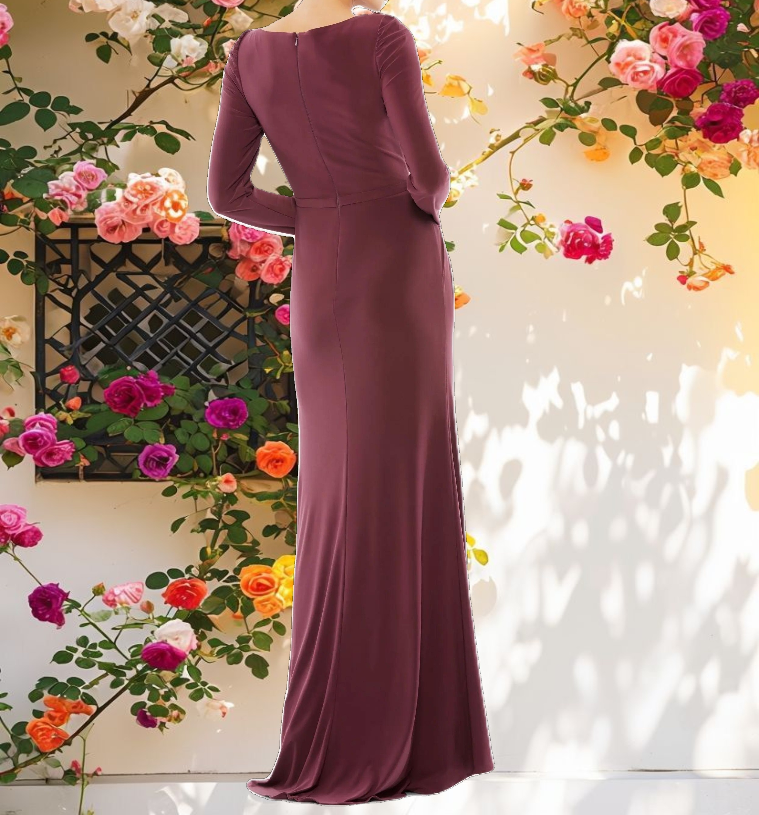 Draped Bateau Long Sleeve Trumpet Gown