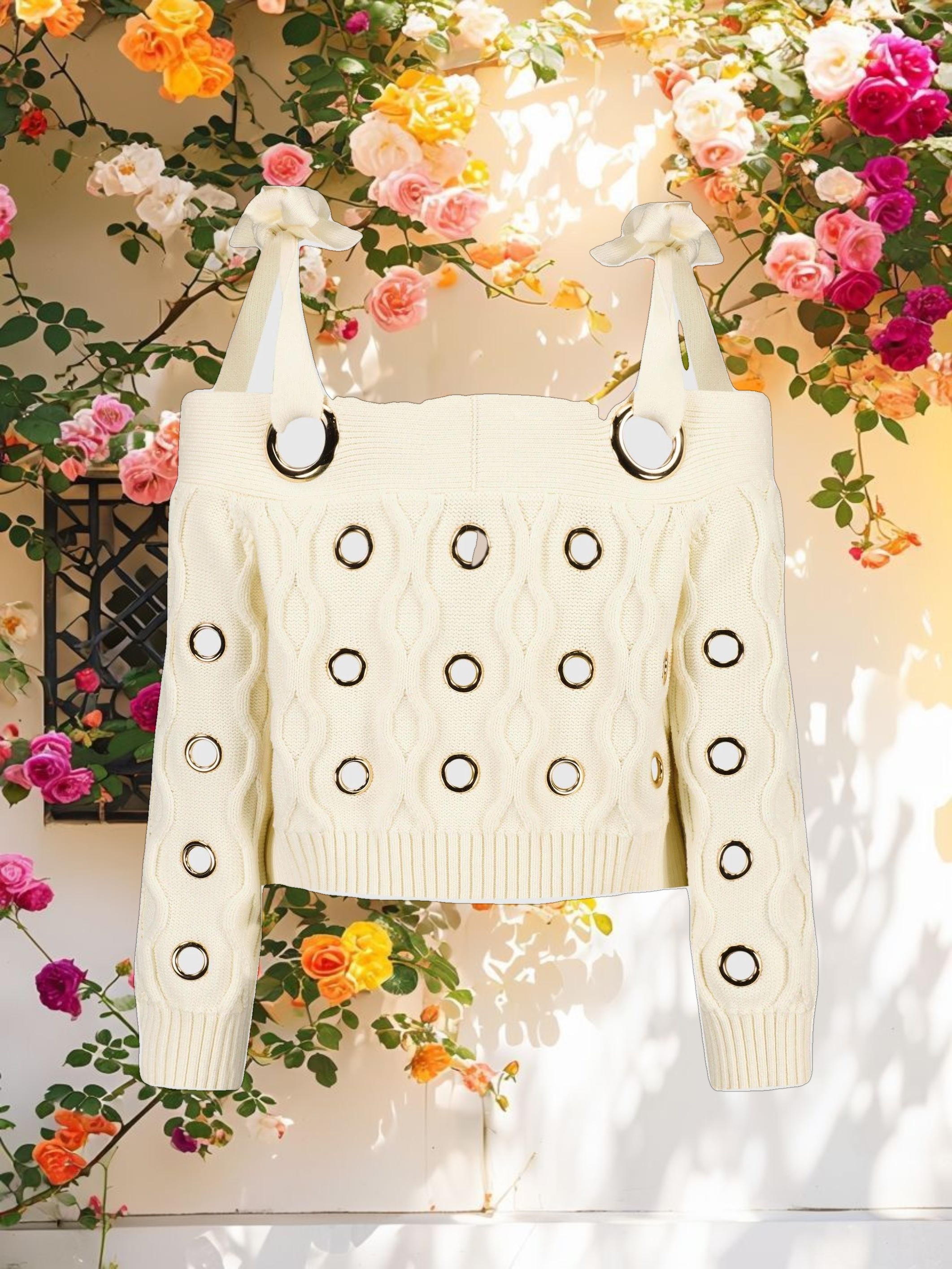 Chunky Knit Off The Shoulder Grommet Cropped Sweater