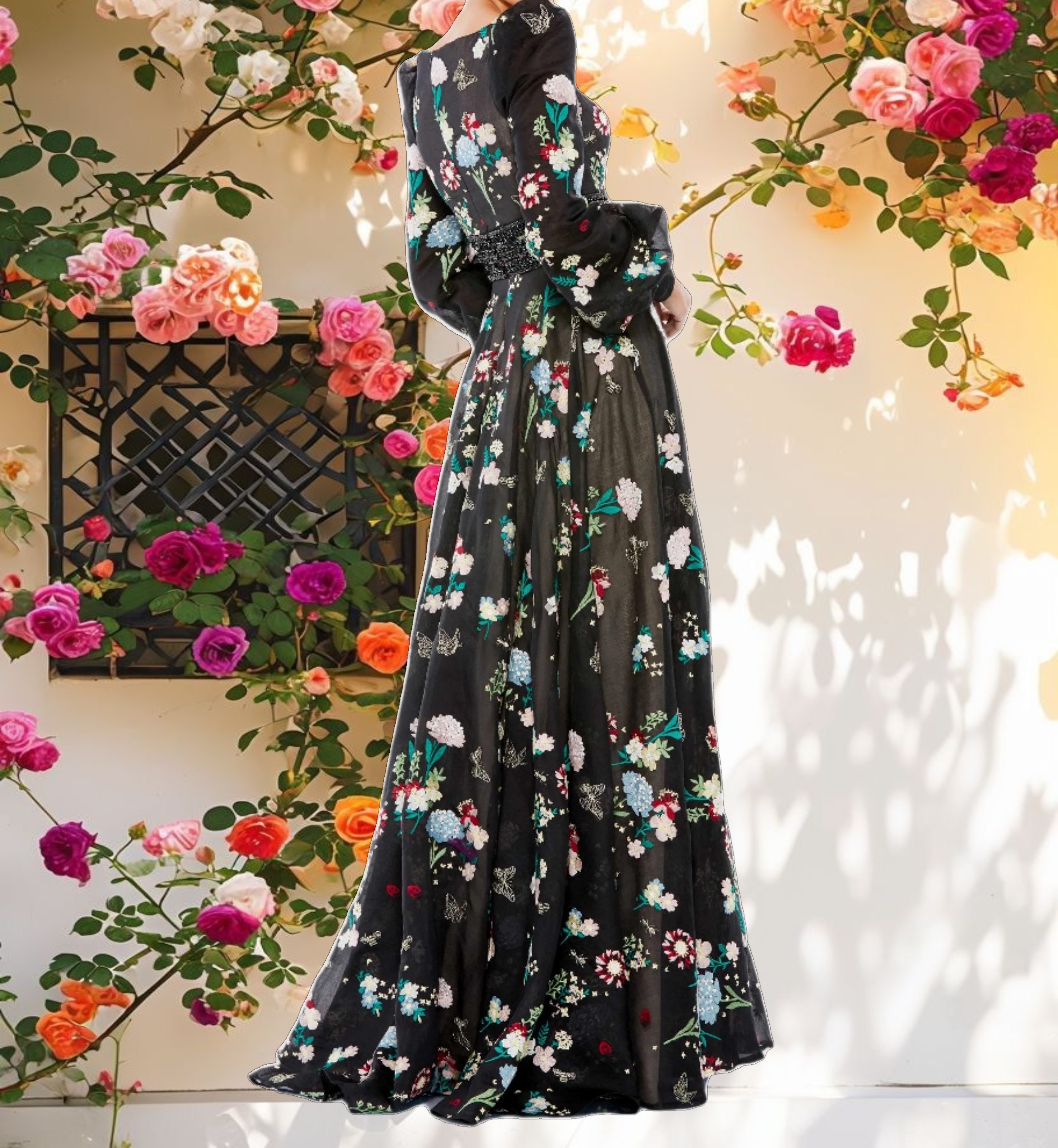 Floral Embroidered Bishop Sleeve V Neck Flowy Gown