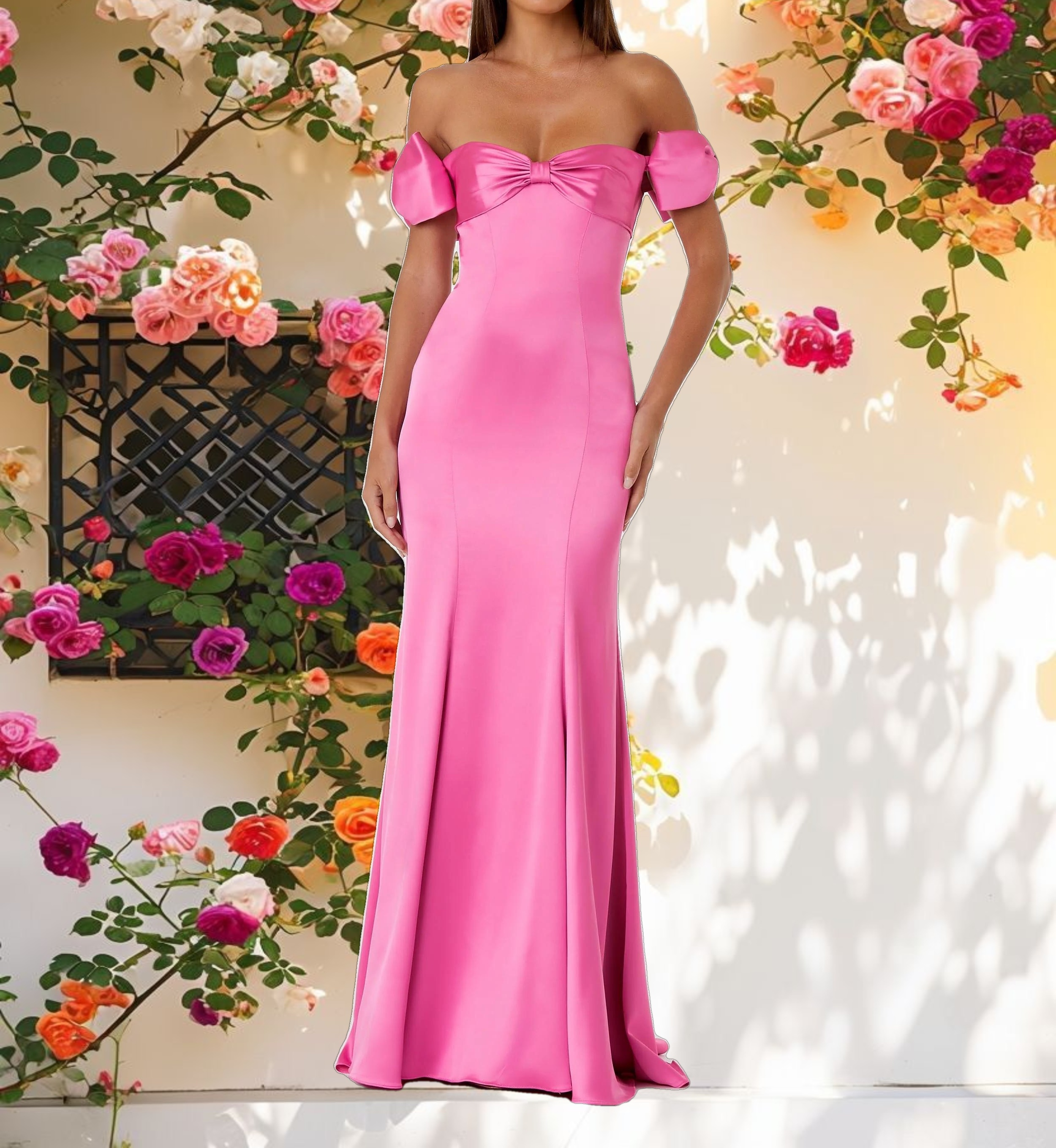 Pink Off-the-Shoulder Satin Trumpet Gown with Bows