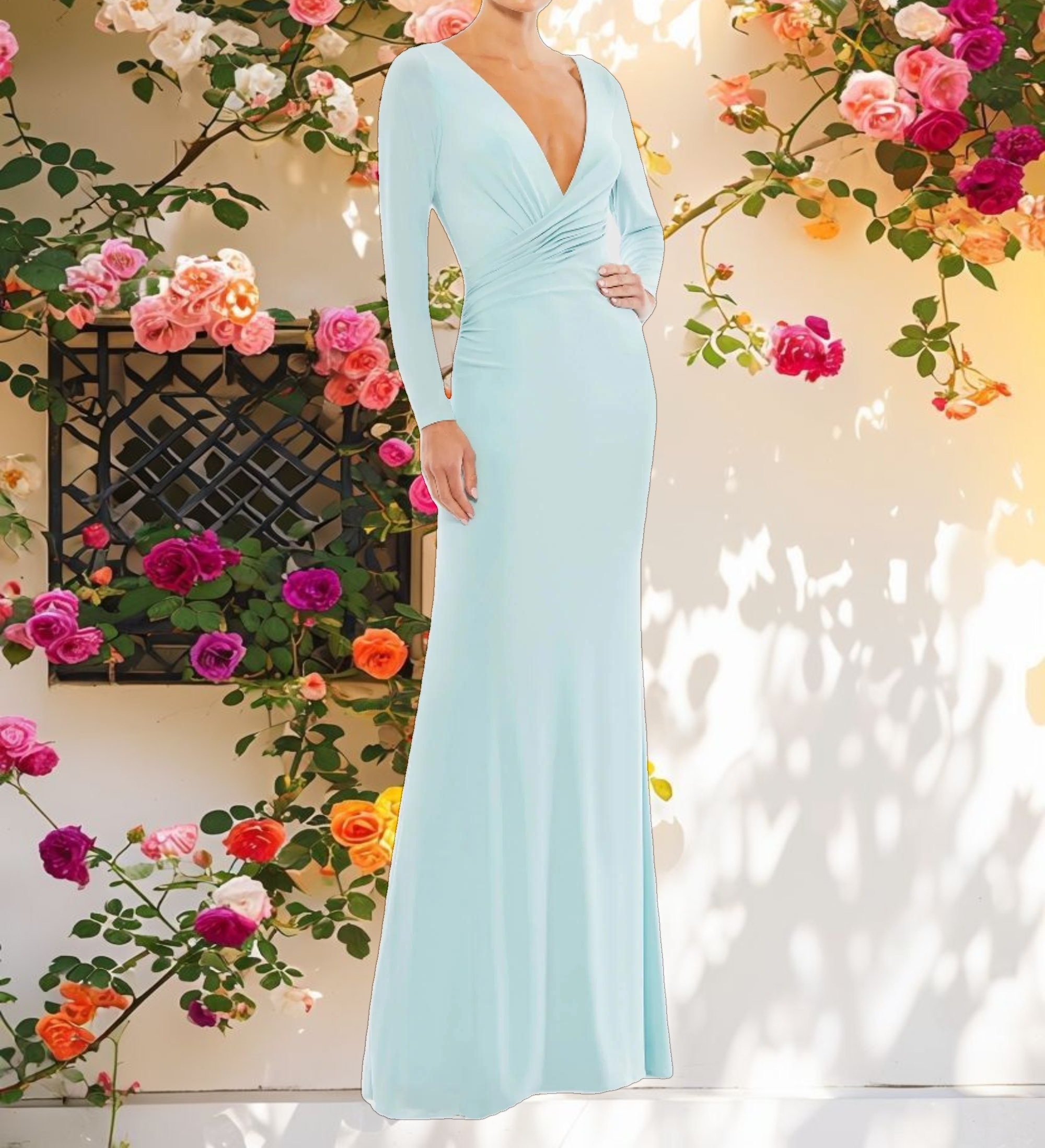 Blue Long Sleeve Ruched Jersey V Neck Gown